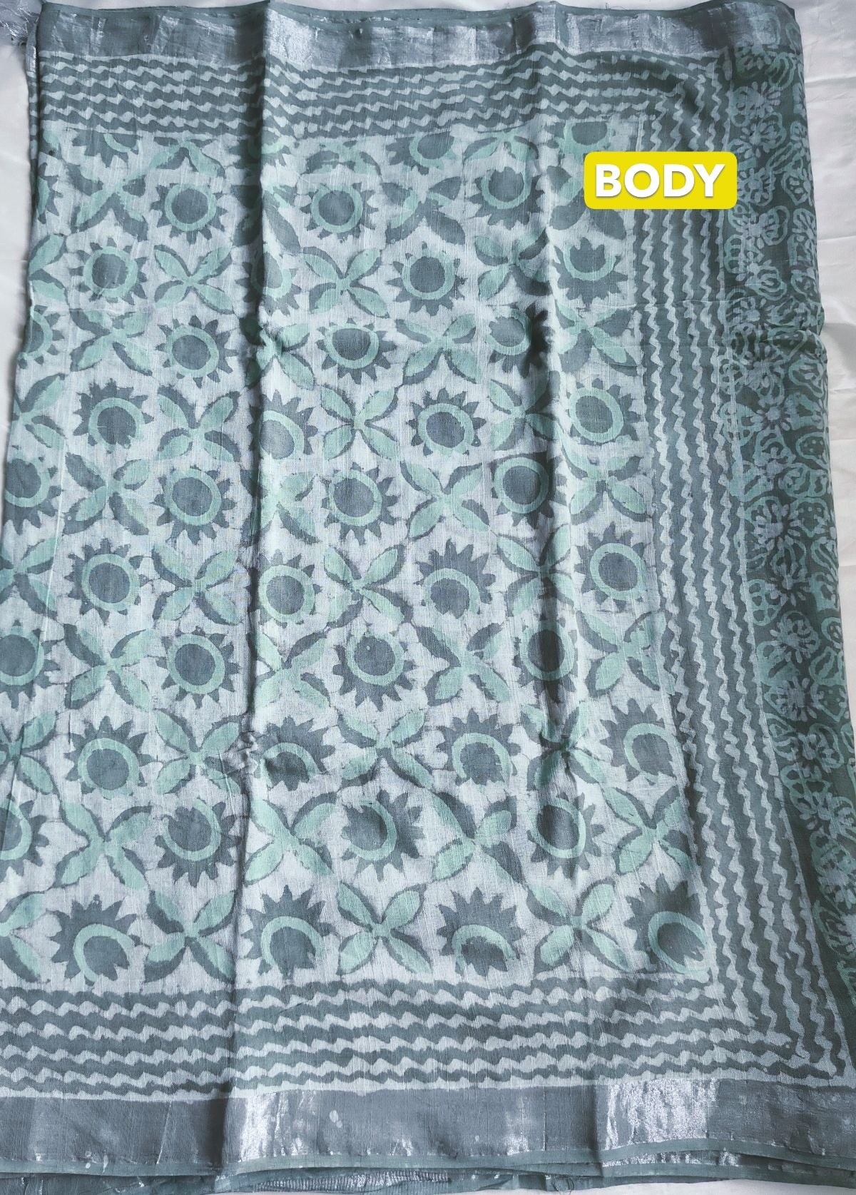 Pure Linen Cotton Saree Gray and Green Colour with Zari Border