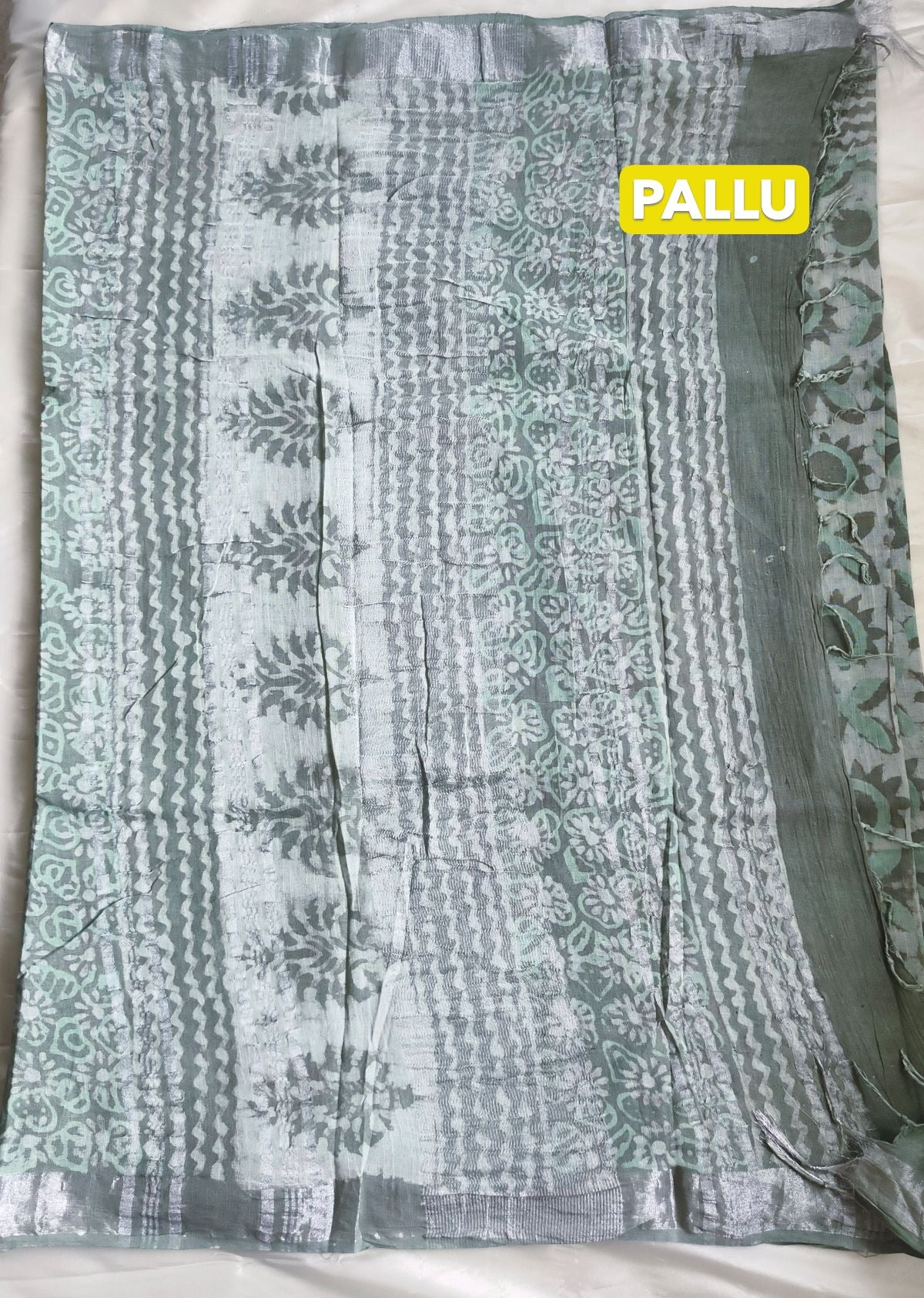 Pure Linen Cotton Saree Gray and Green Colour with Zari Border