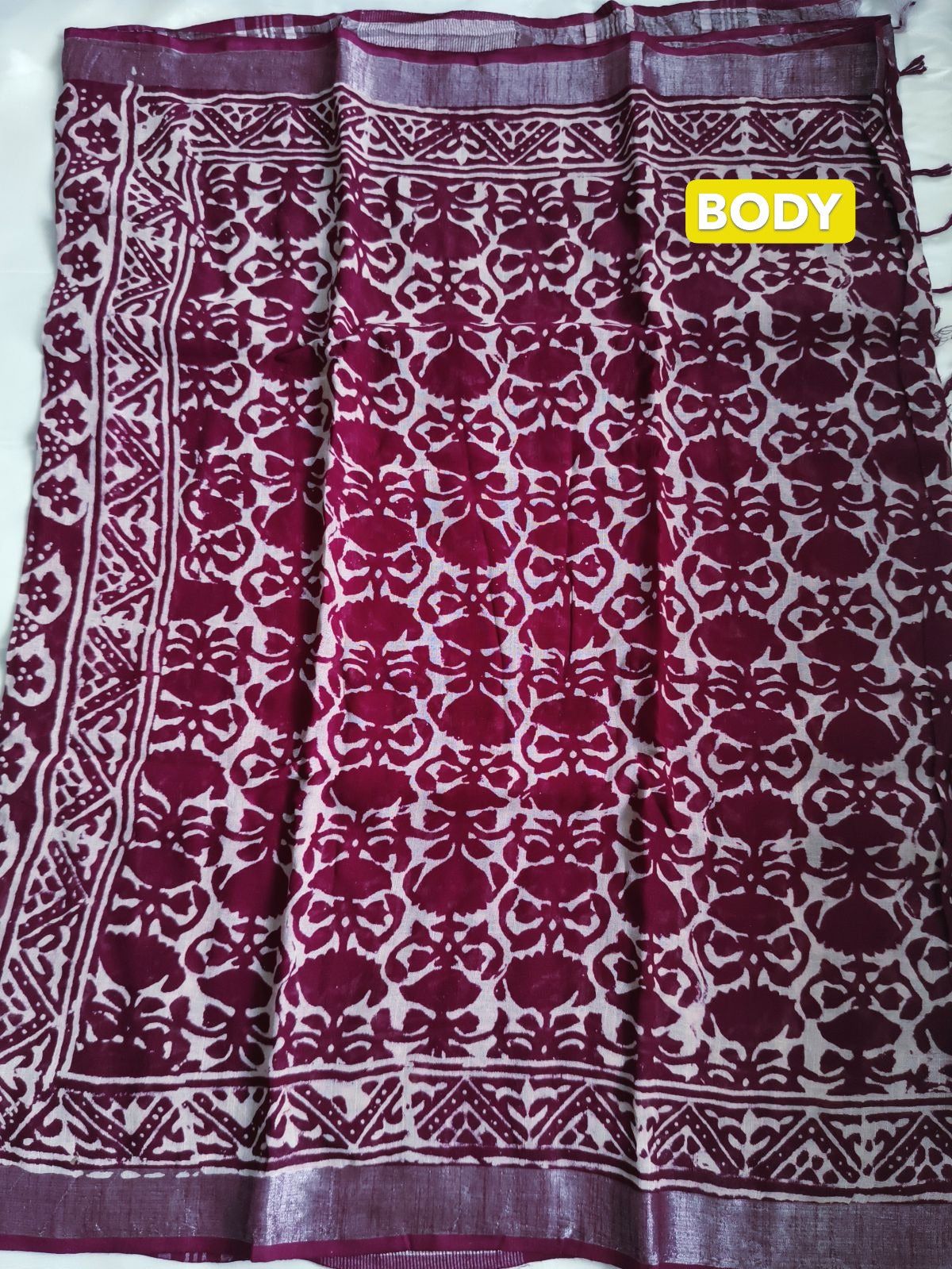 Pure Linen Cotton Saree Maroon Colour with Zari Border