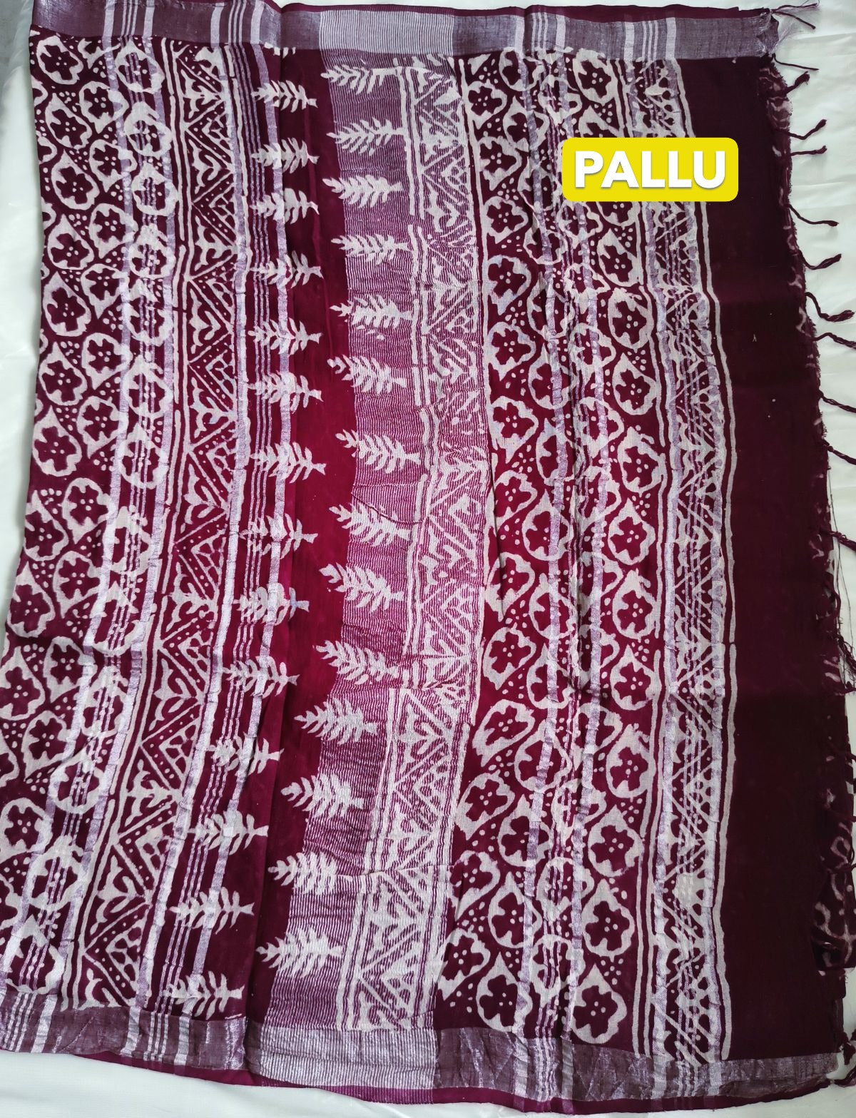 Pure Linen Cotton Saree Maroon Colour with Zari Border