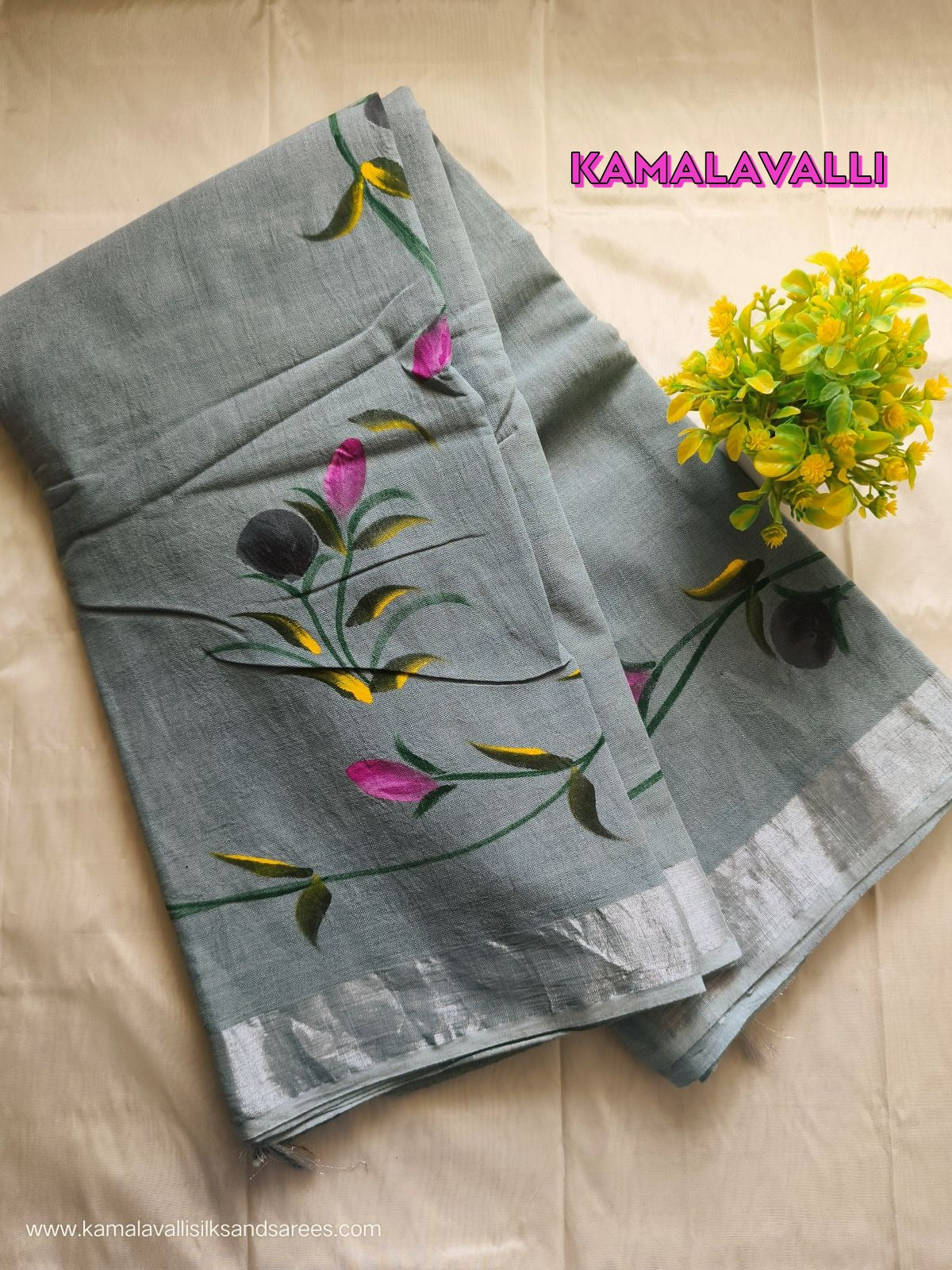 Pure Linen Cotton Saree Grey Colour with Zari Border