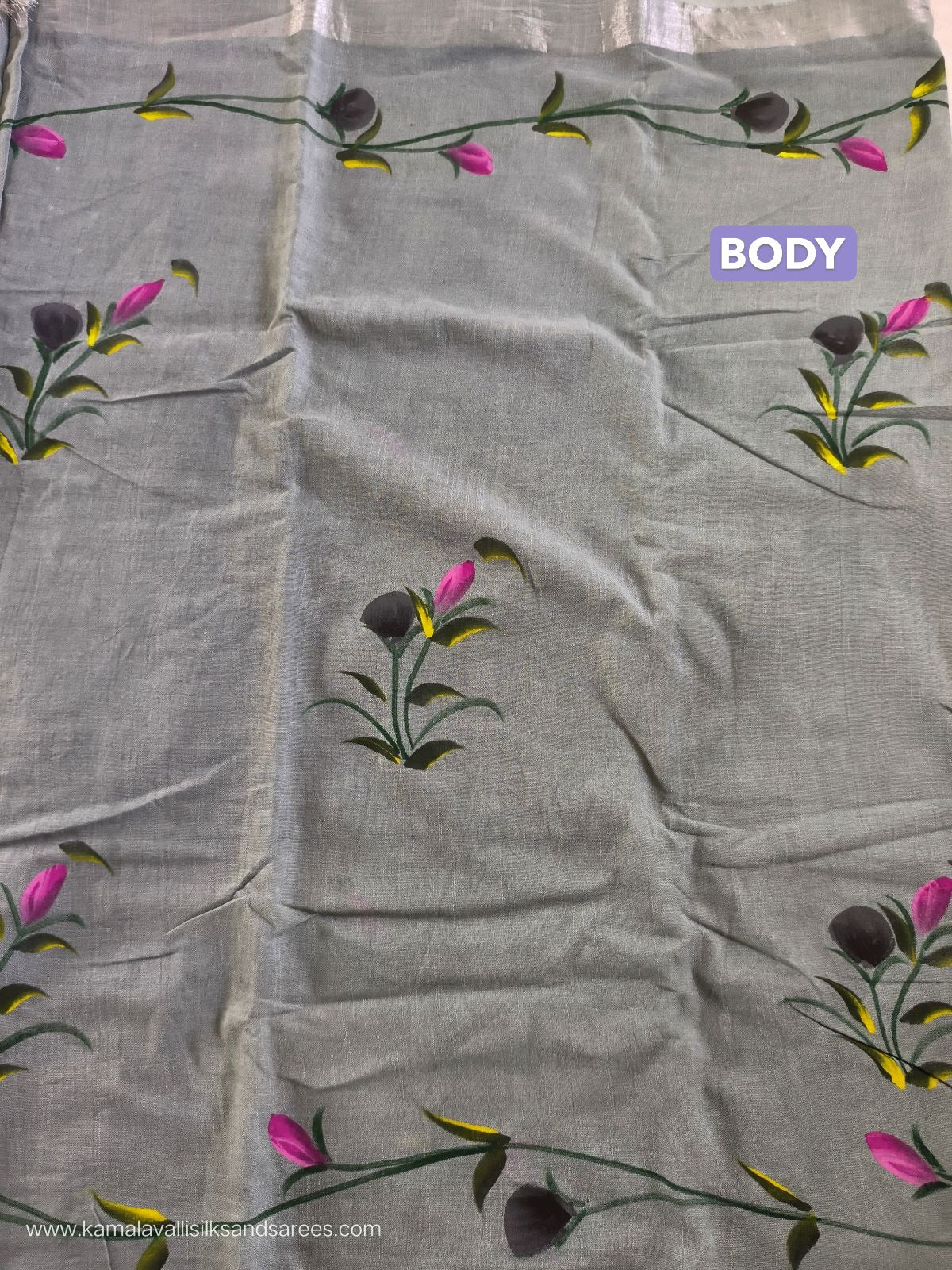 Pure Linen Cotton Saree Grey Colour with Zari Border