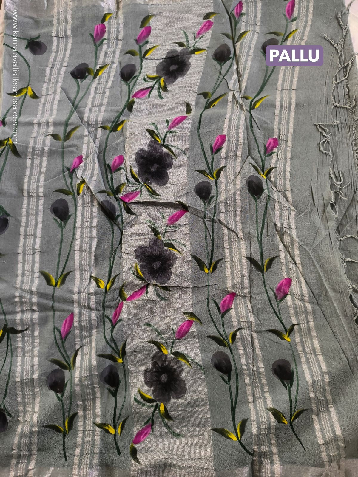 Pure Linen Cotton Saree Grey Colour with Zari Border