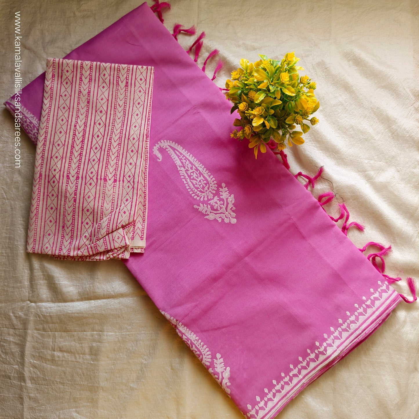 South Cotton Mix Block Printed Saree Pink colour with white and pink colour blouse