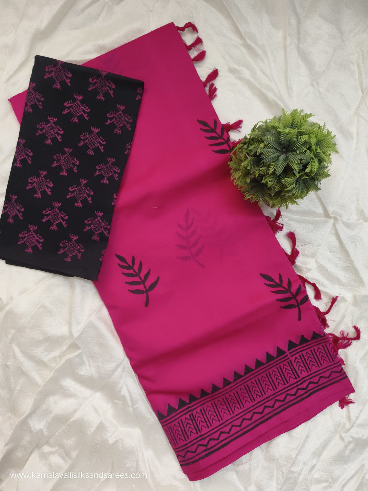 South Cotton Mix Block Printed Saree Rose colour with Black colour contrast blouse