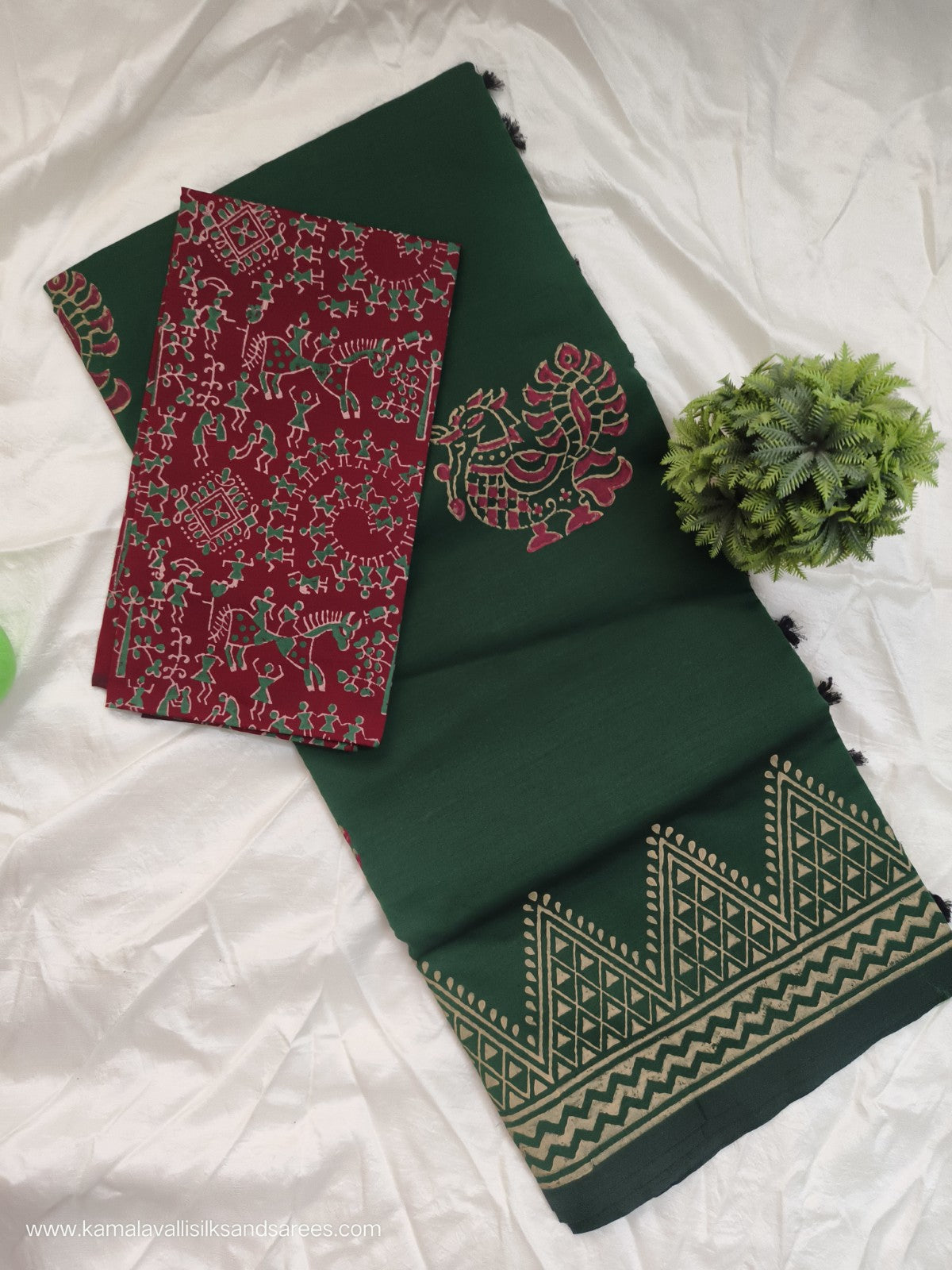 South Cotton Mix Block Printed Saree Green colour with Maroon colour contrast blouse