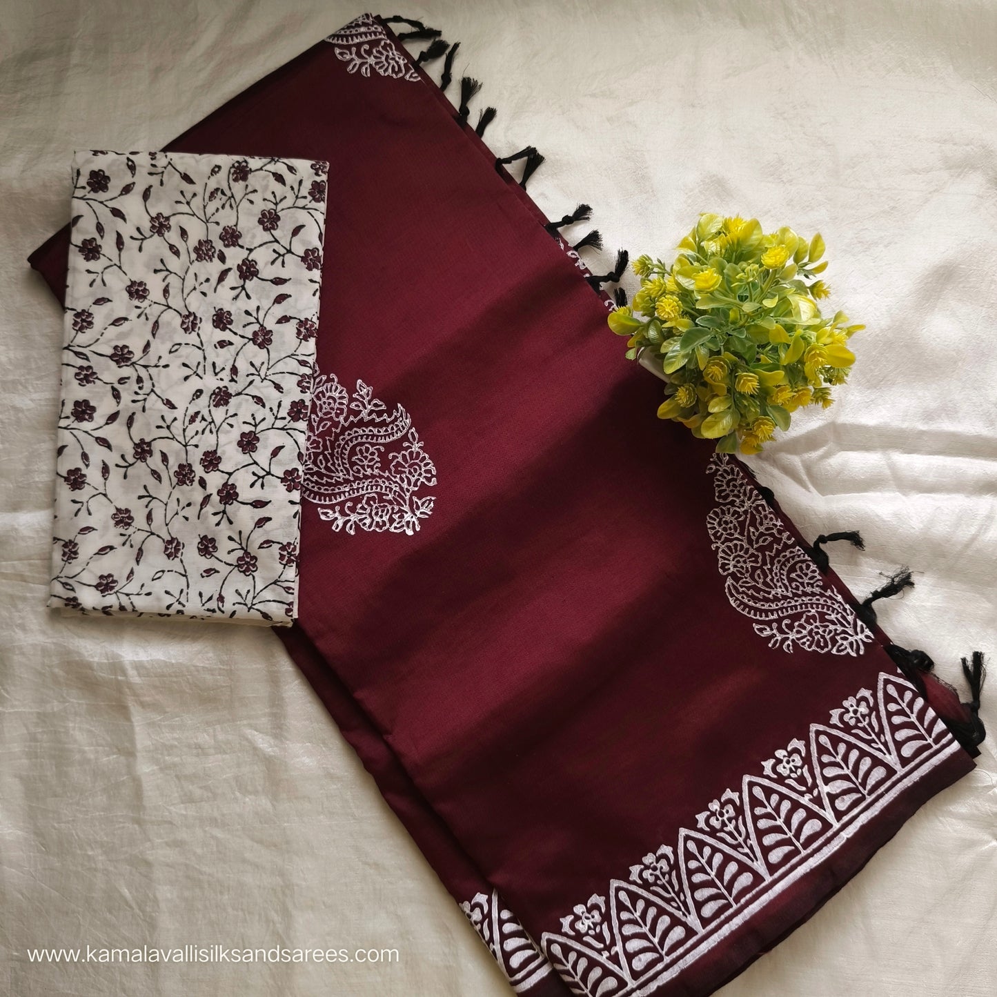 South Cotton Mix Block Printed Saree Brown colour with white colour blouse