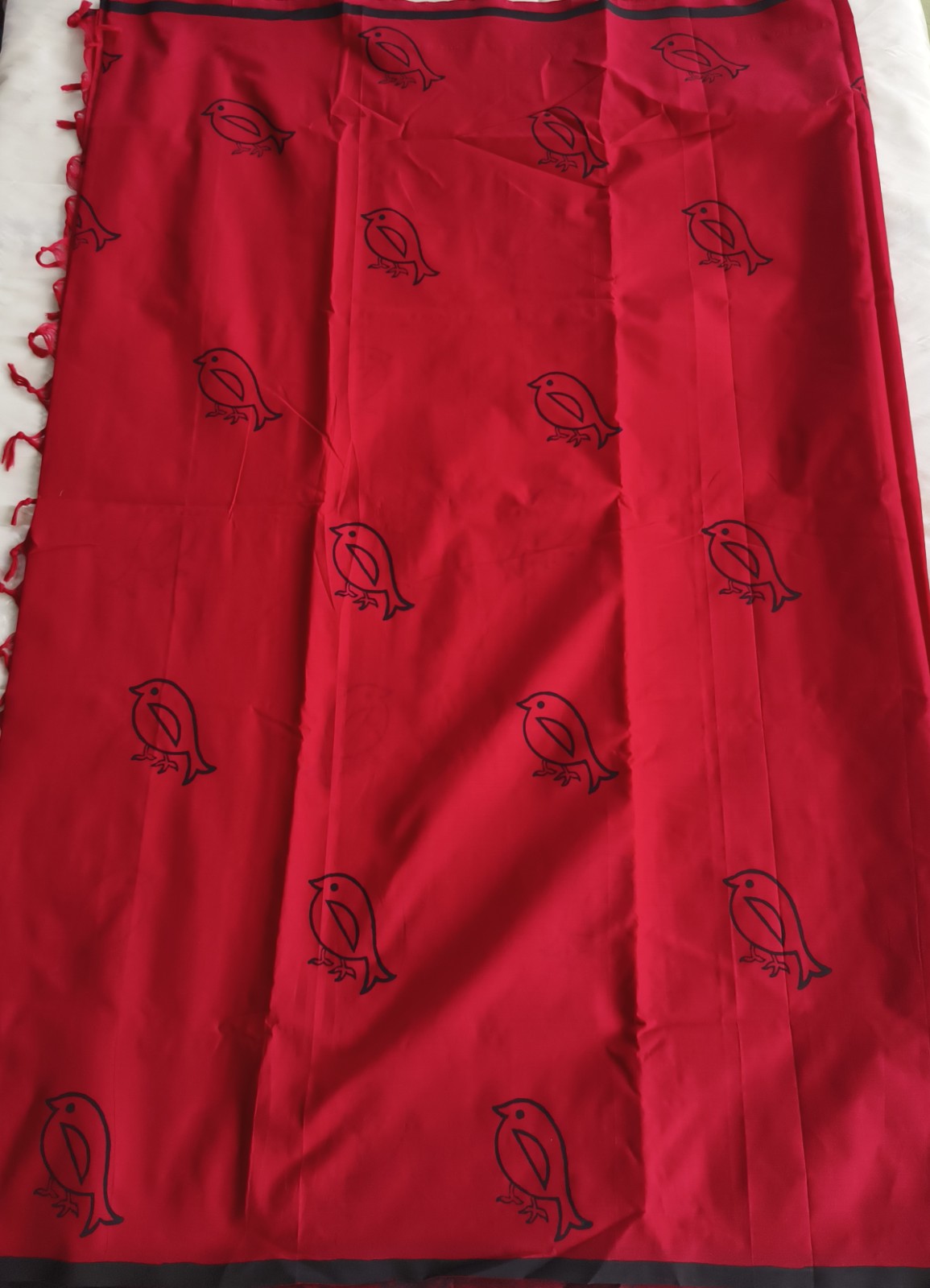 South Cotton Mix Block Printed Saree Red colour with Black colour contrast blouse