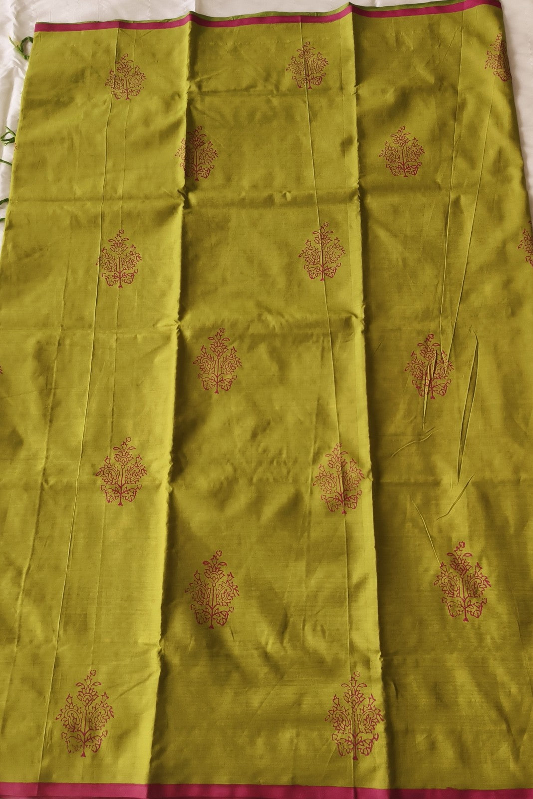 South Cotton Mix Block Printed Saree Green colour with Rose colour contrast blouse
