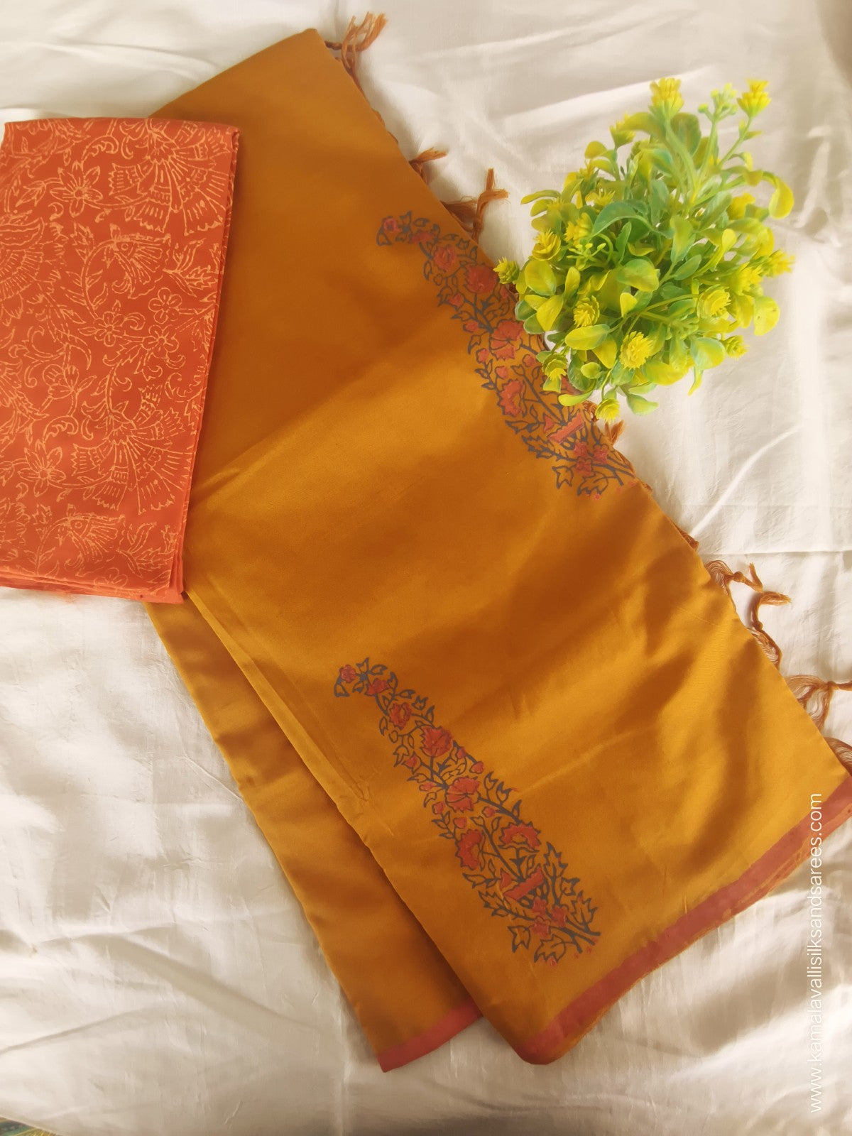 South Cotton Mix Block Printed Saree Mustard Colour with Orange colour contrast blouse
