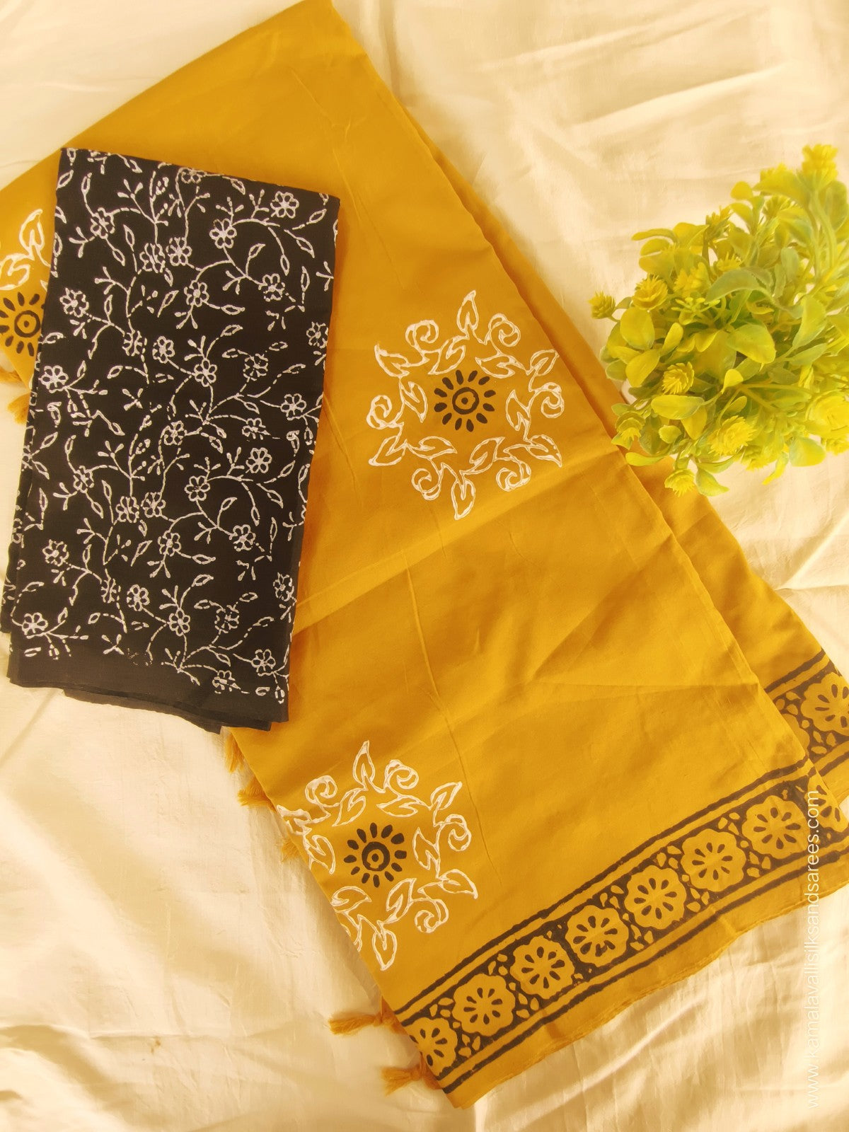 South Cotton Mix Block Printed Saree Yellow colour with Black colour contrast blouse