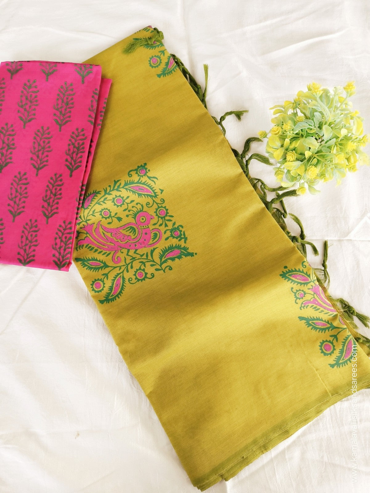 South Cotton Mix Block Printed Saree green colour with Rose Colour blouse