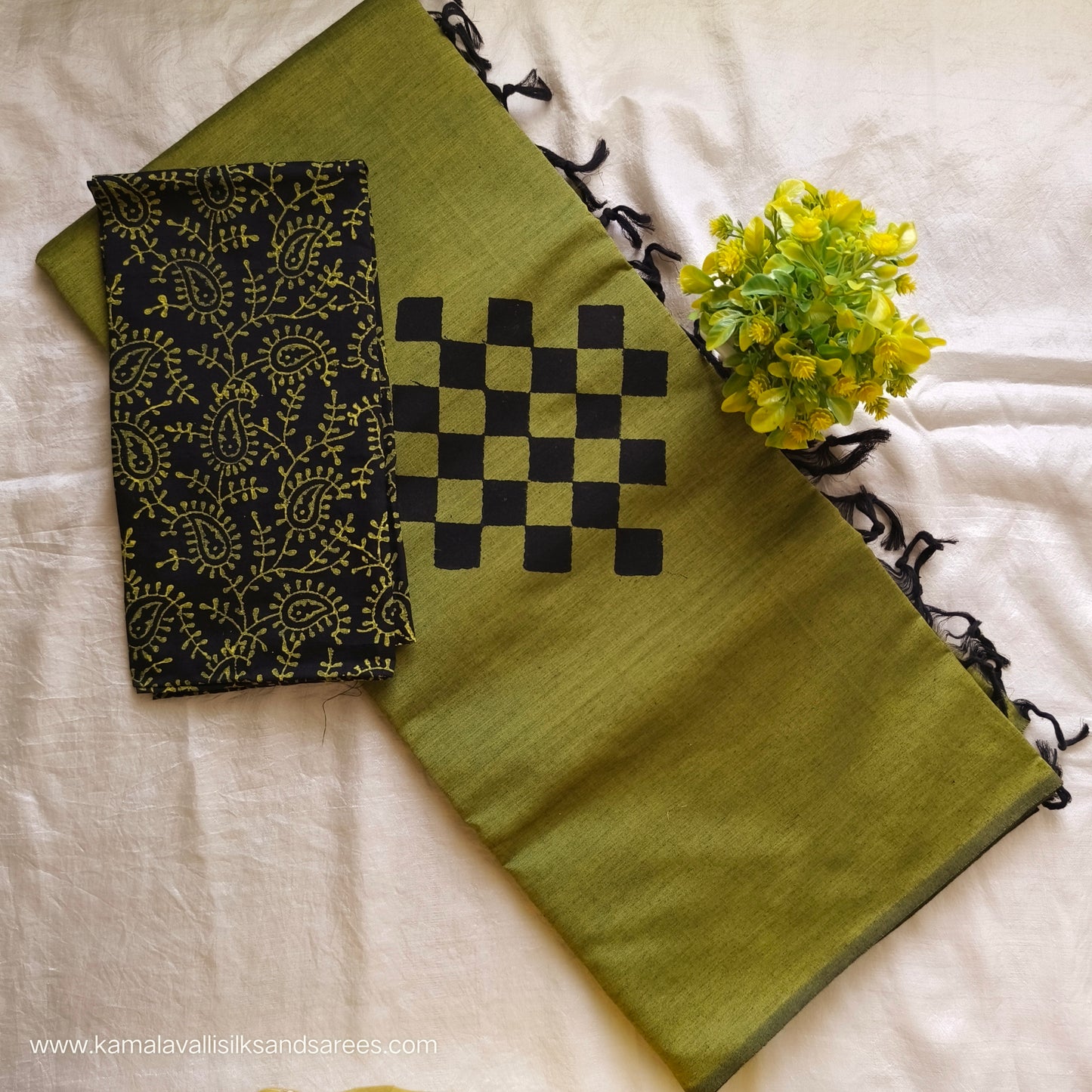 South Cotton Mix Block Printed Saree Green colour with black blouse