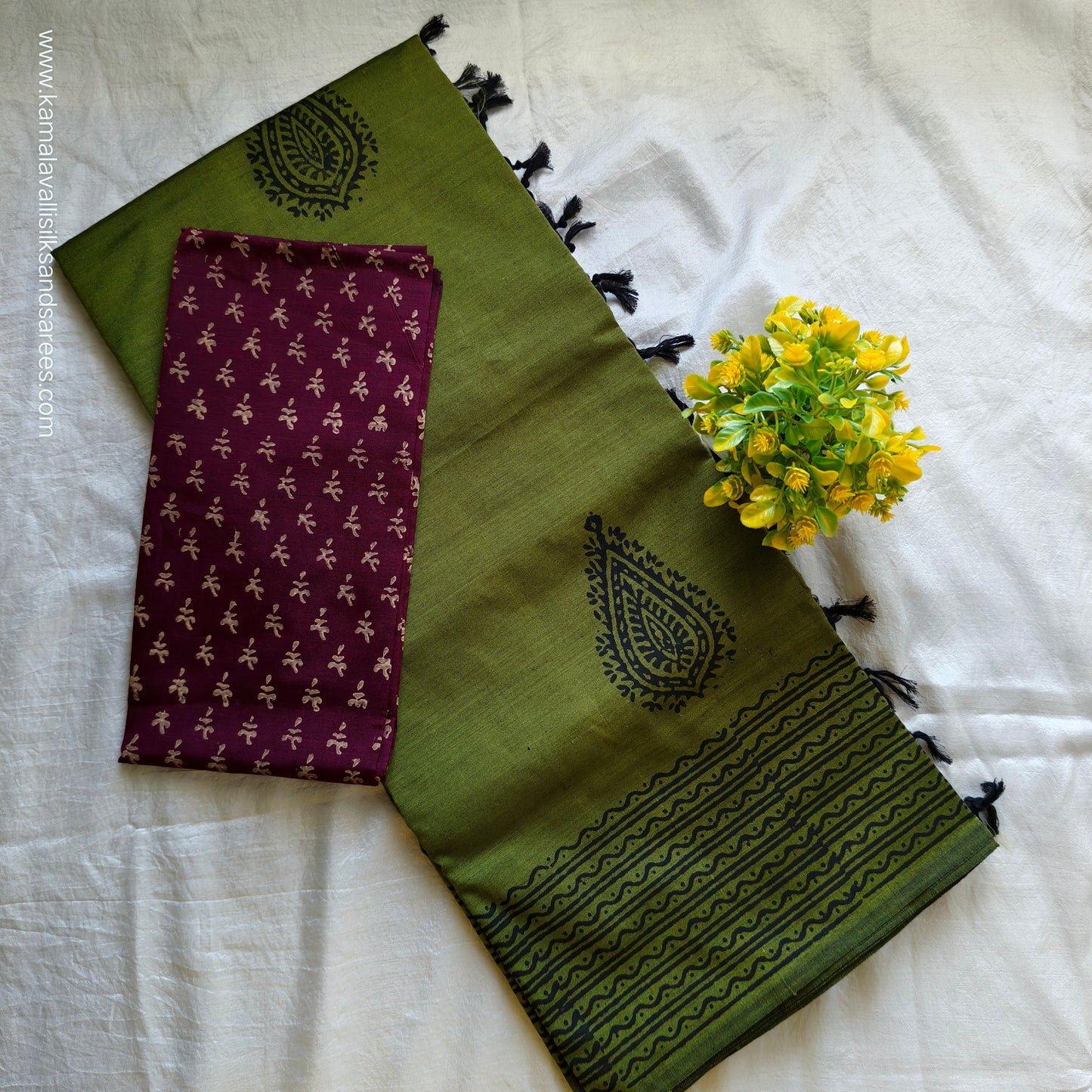 South Cotton Mix Block Printed Saree Green colour with Brown colour blouse