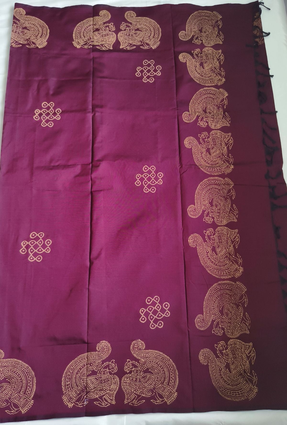 South Cotton Mix Block Printed Saree Maroon colour with additional contrast blouse