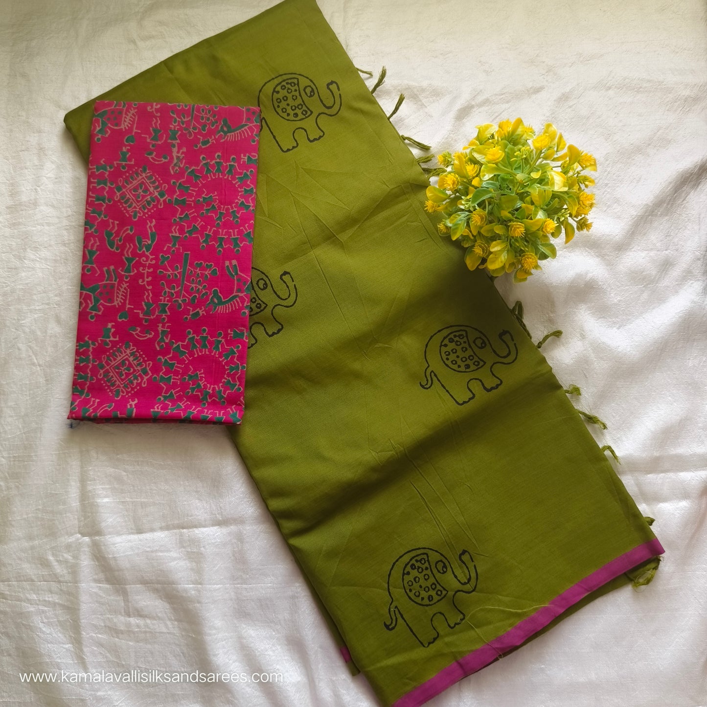 South Cotton Mix Block Printed Saree Green colour with Rose colour contrast blouse