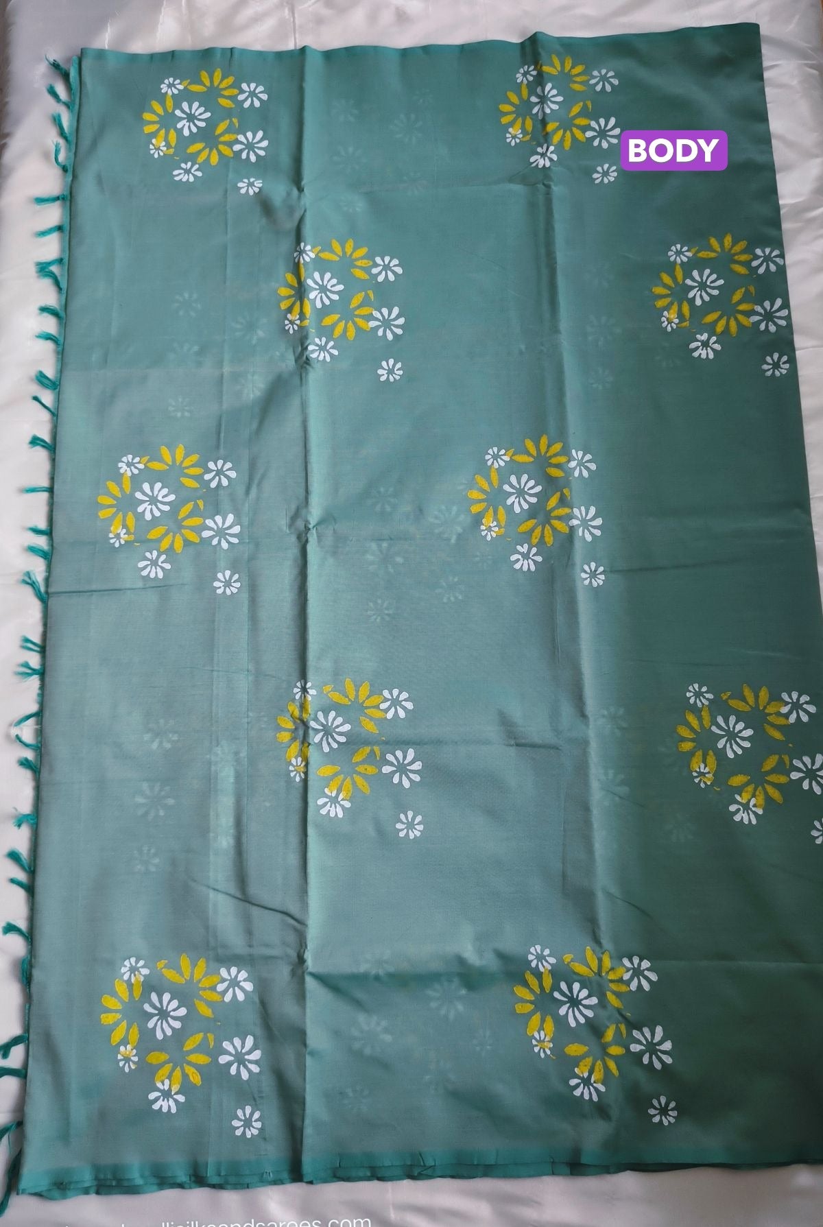 South Cotton Mix Block Printed Saree Pastel Green colour with white and green colour blouse