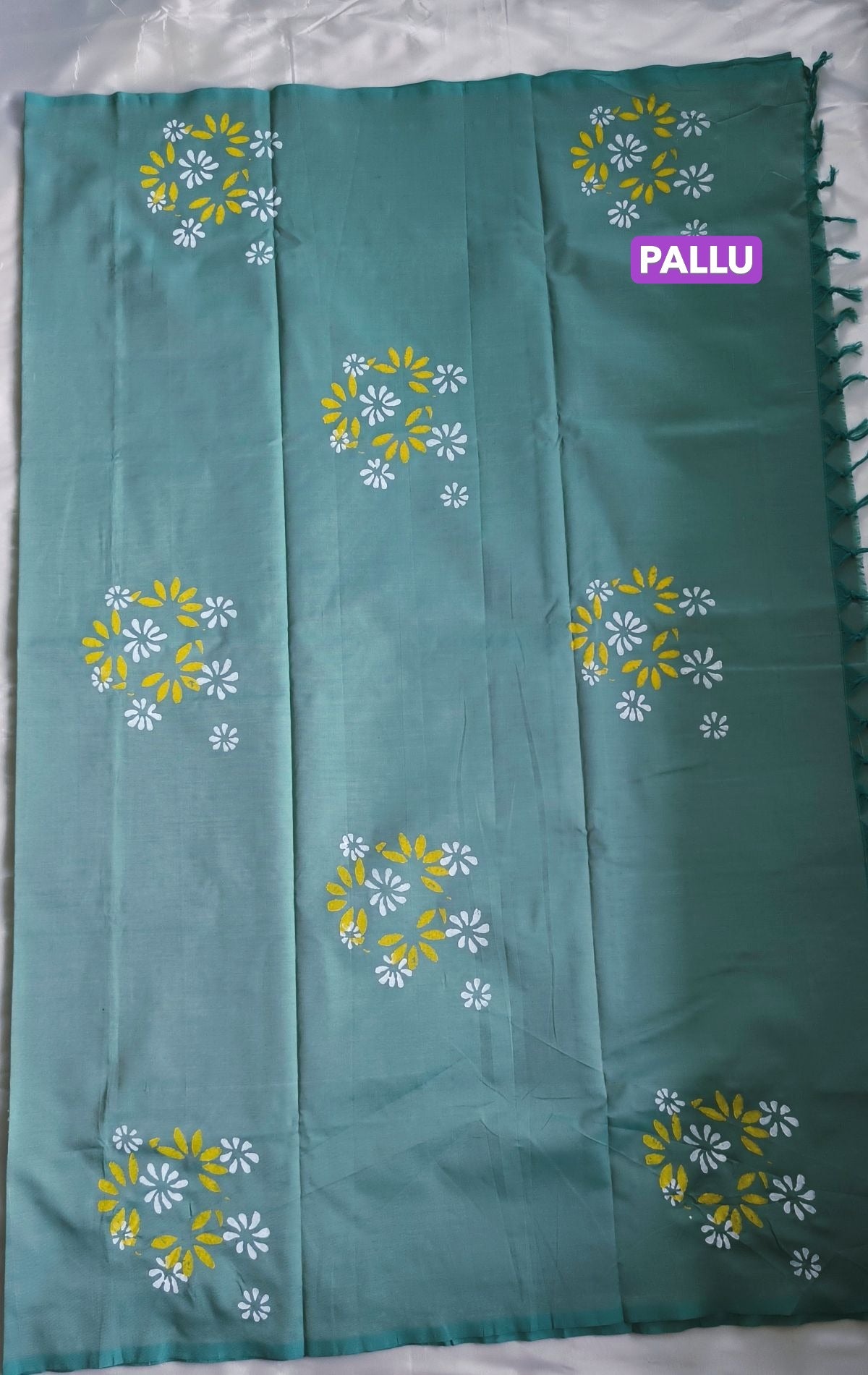 South Cotton Mix Block Printed Saree Pastel Green colour with white and green colour blouse