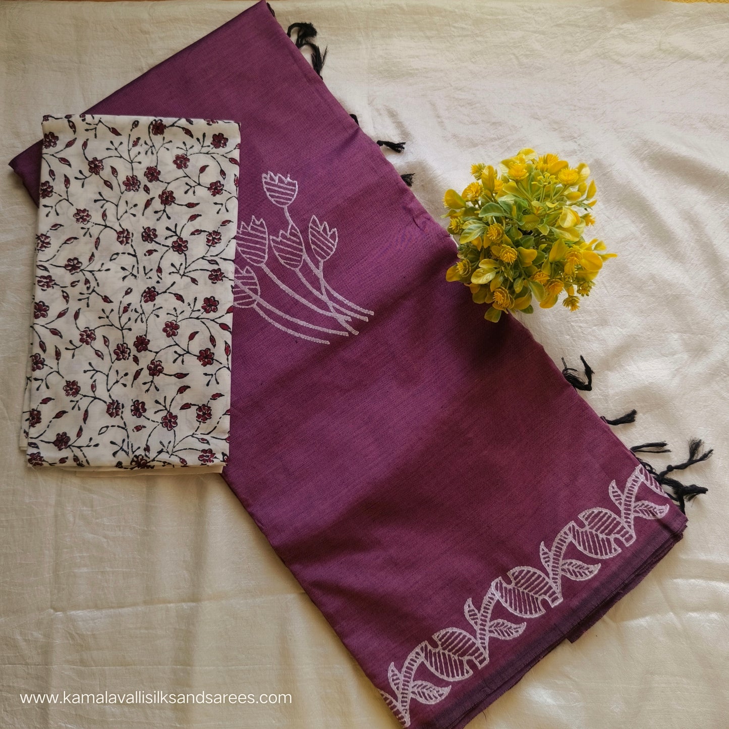 South Cotton Mix Block Printed Saree Reddish Brown Colour with White and brown colour contrast blouse