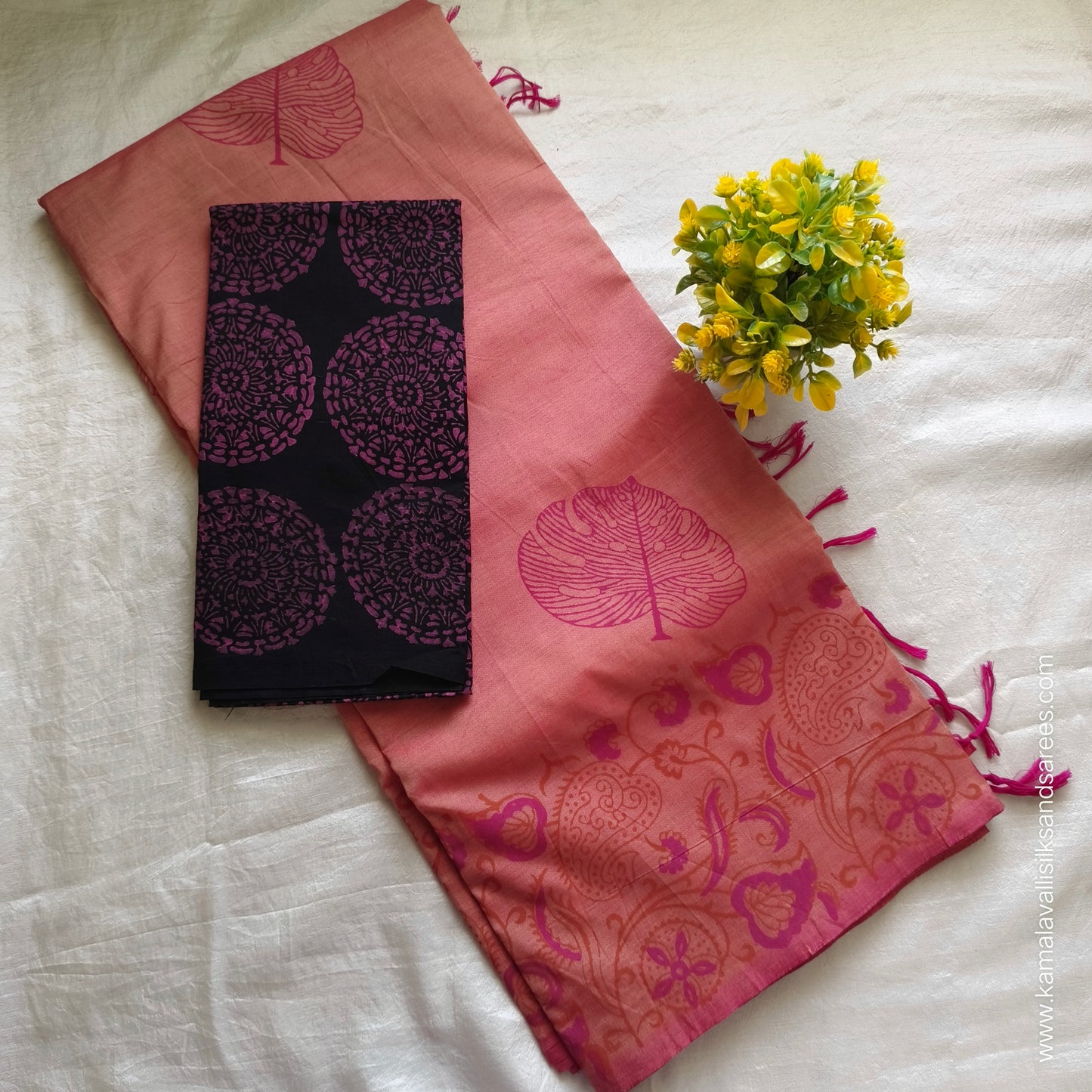 South Cotton Mix Block Printed Saree fanta Orange colour with Black colour blouse