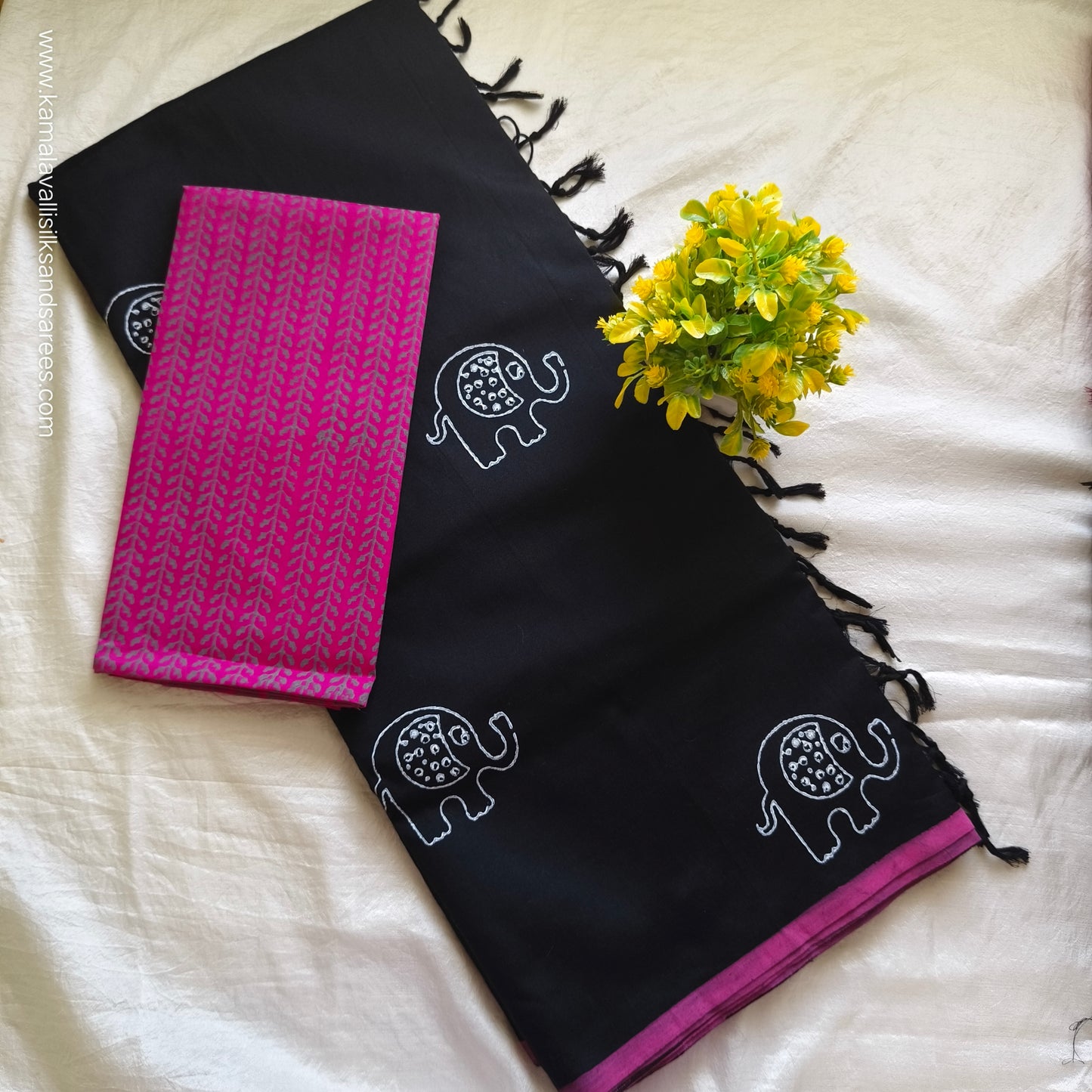 South Cotton Mix Block Printed Saree Black colour with Rose colour blouse
