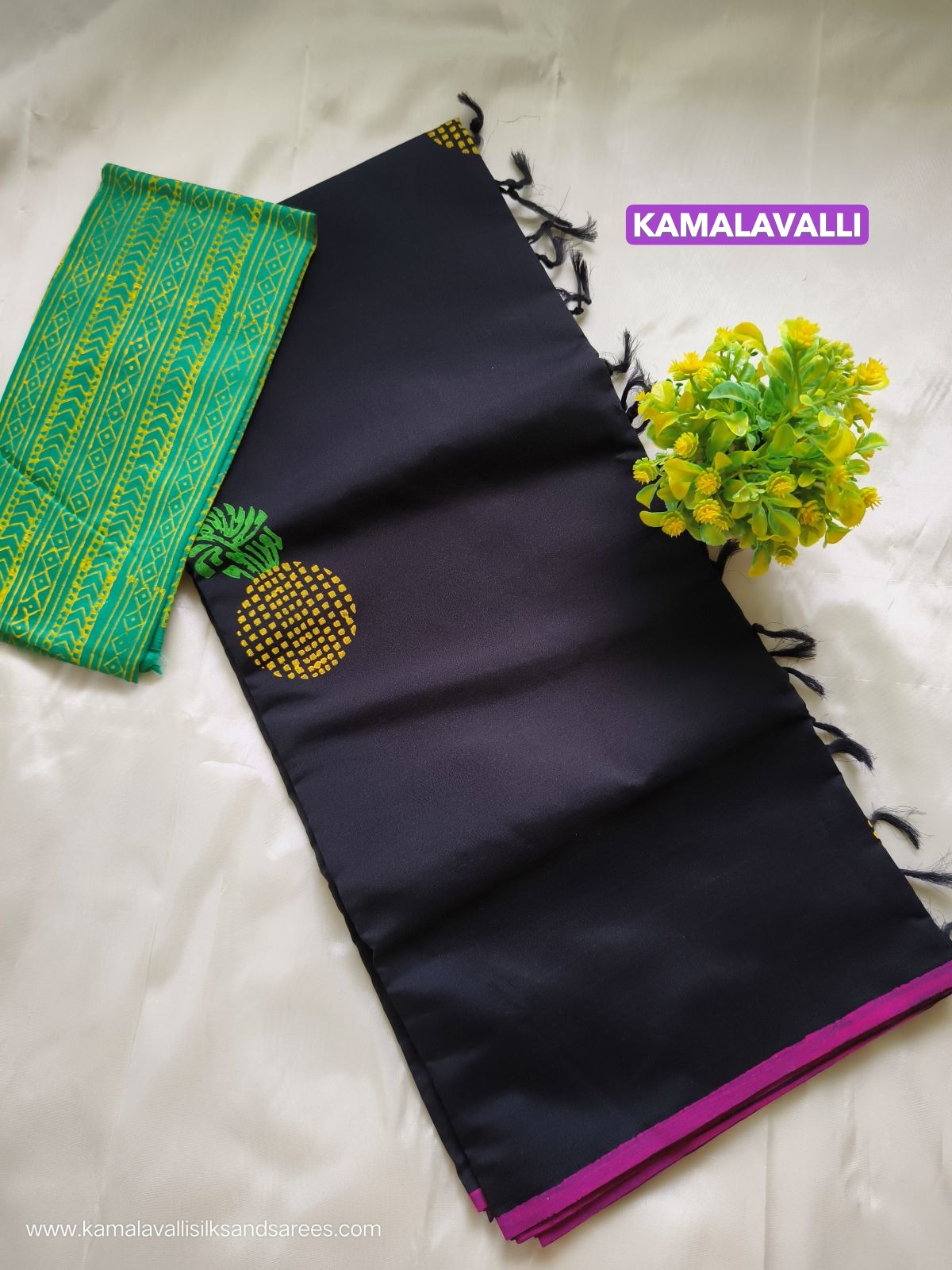 South Cotton Mix Block Printed Saree Black Colour with Green colour contrast blouse