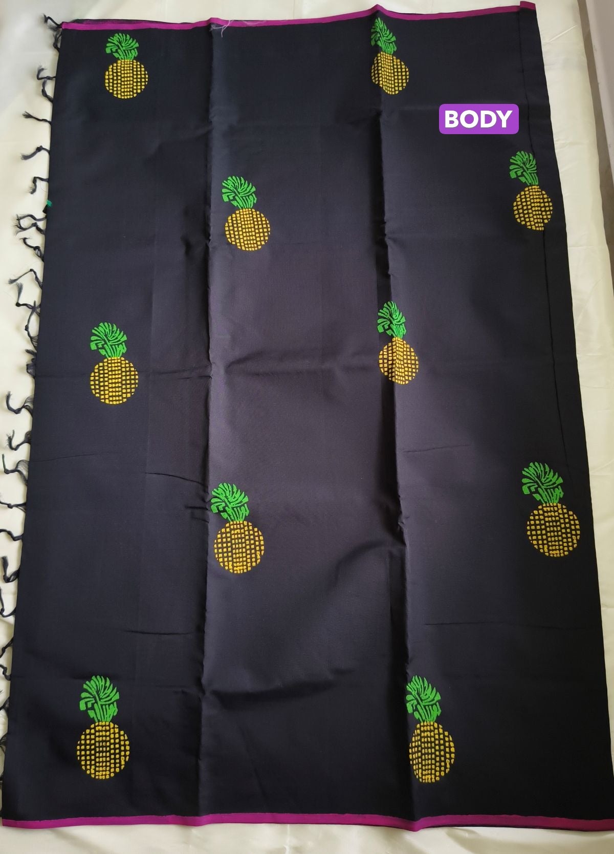 South Cotton Mix Block Printed Saree Black Colour with Green colour contrast blouse