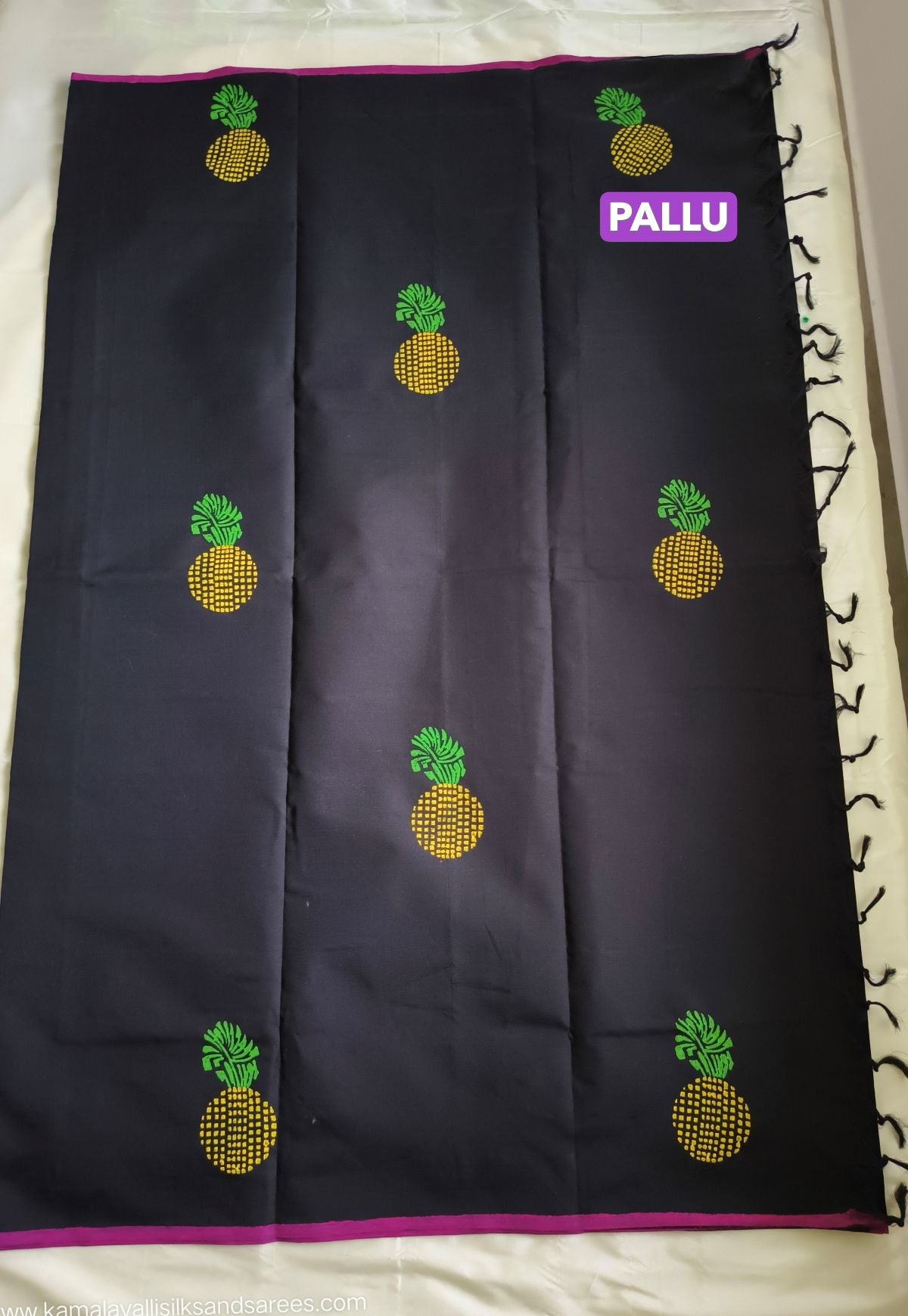 South Cotton Mix Block Printed Saree Black Colour with Green colour contrast blouse