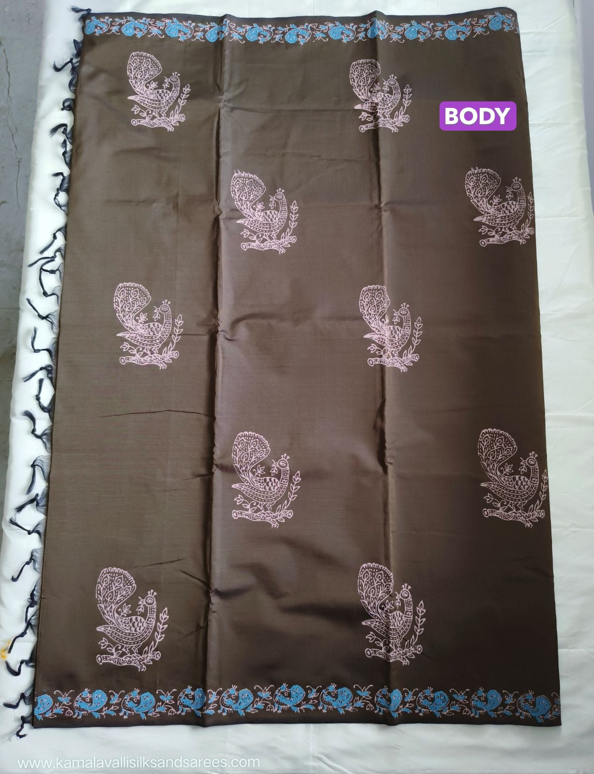 South Cotton Mix Block Printed Saree Pine Cone Colour with Blue colour contrast blouse