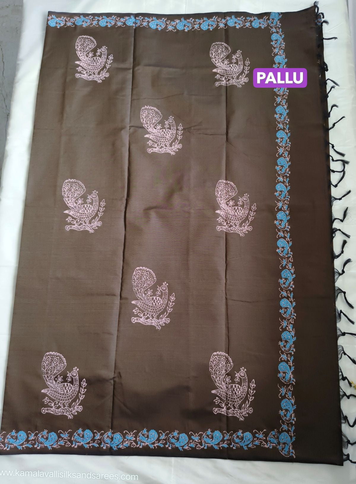 South Cotton Mix Block Printed Saree Pine Cone Colour with Blue colour contrast blouse