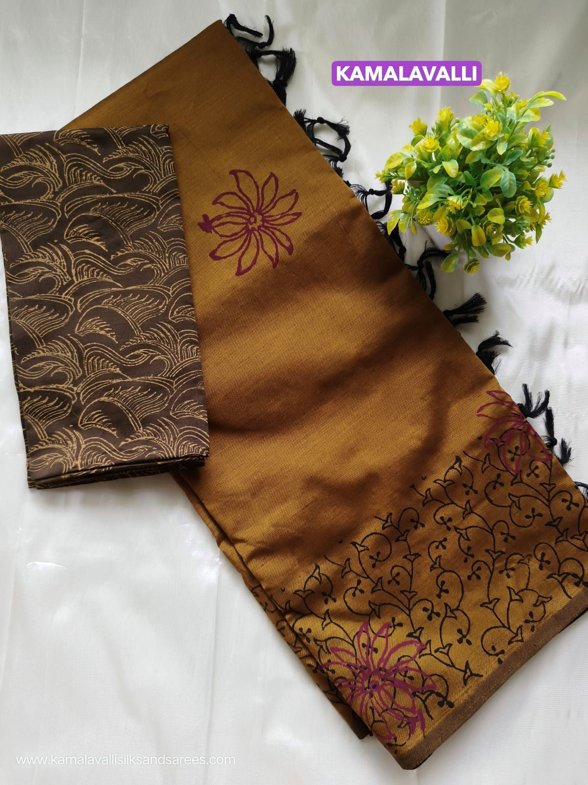 South Cotton Mix Block Printed Saree Wood Colour with Charcoal colour contrast blouse