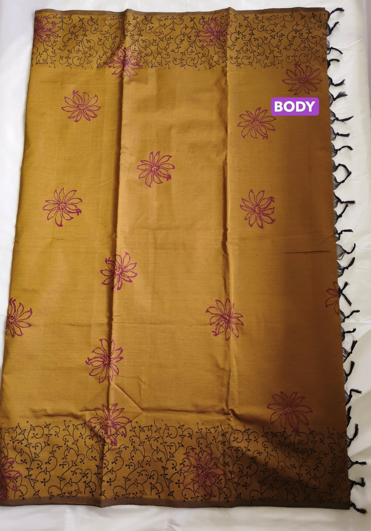 South Cotton Mix Block Printed Saree Wood Colour with Charcoal colour contrast blouse