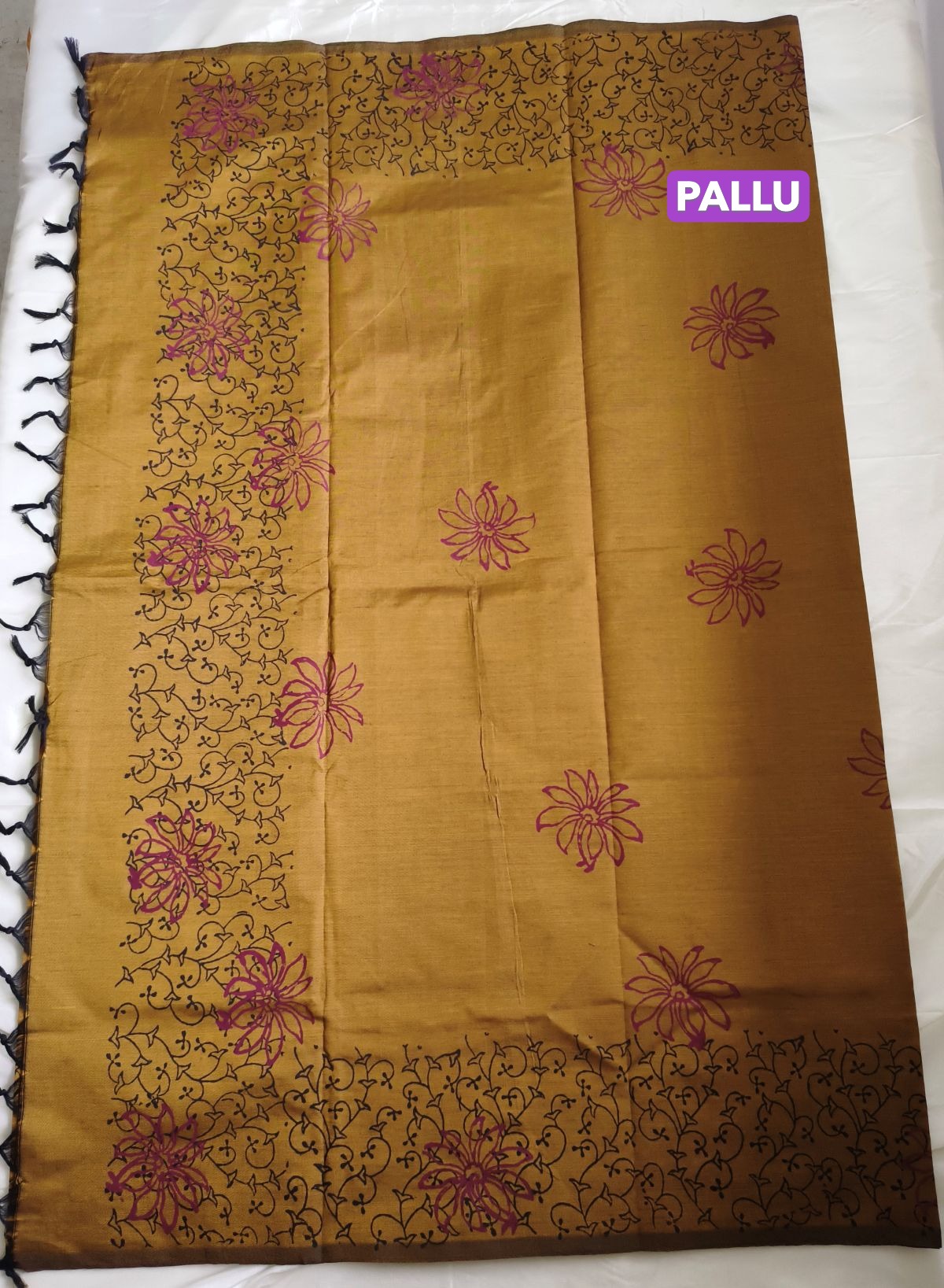 South Cotton Mix Block Printed Saree Wood Colour with Charcoal colour contrast blouse