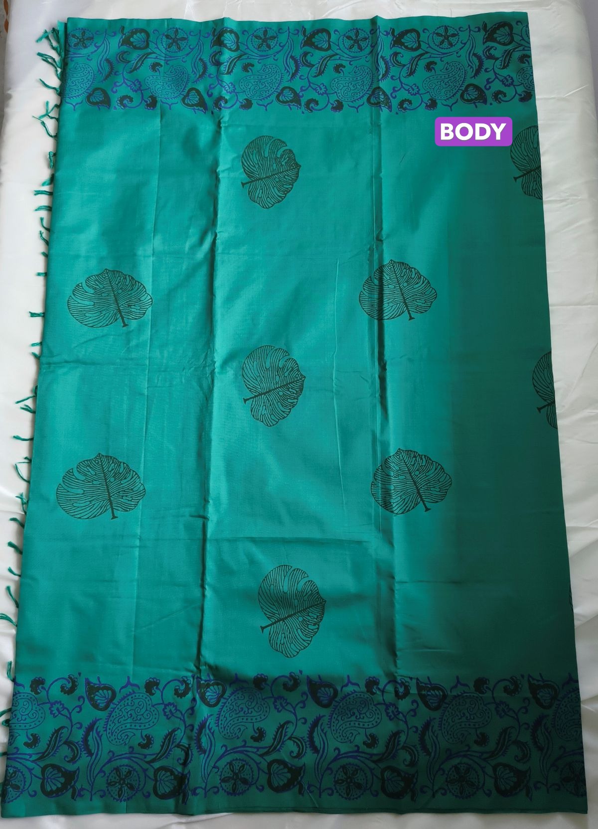 South Cotton Mix Block Printed Saree Teal Colour with Purple colour contrast blouse