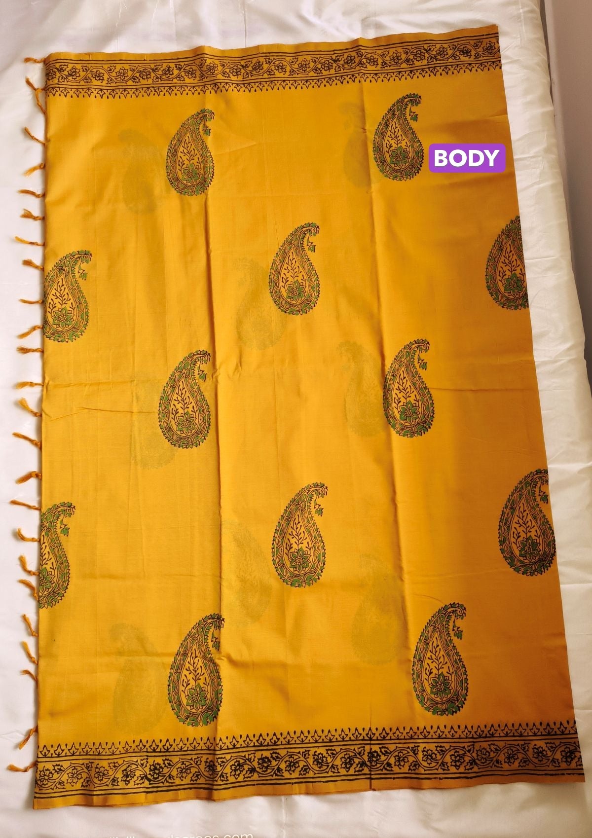 South Cotton Mix Block Printed Saree Yellow Colour with Green colour contrast blouse