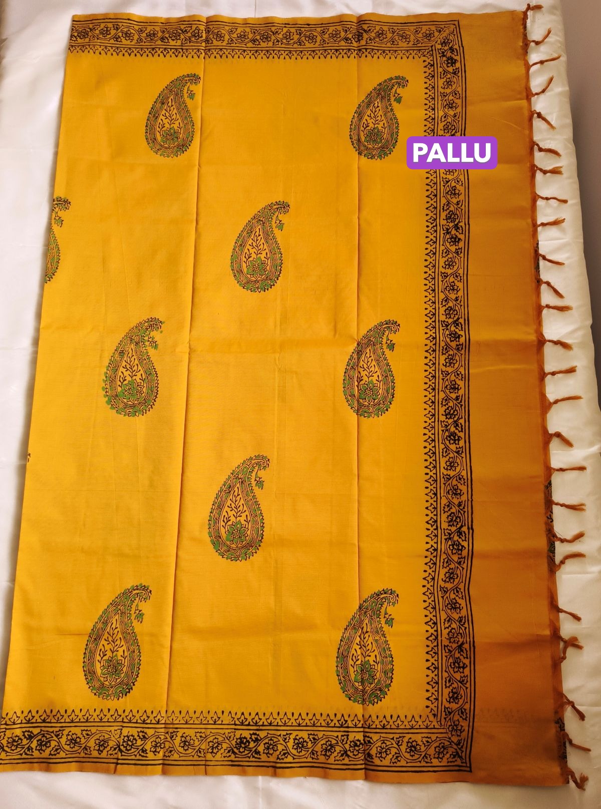 South Cotton Mix Block Printed Saree Yellow Colour with Green colour contrast blouse