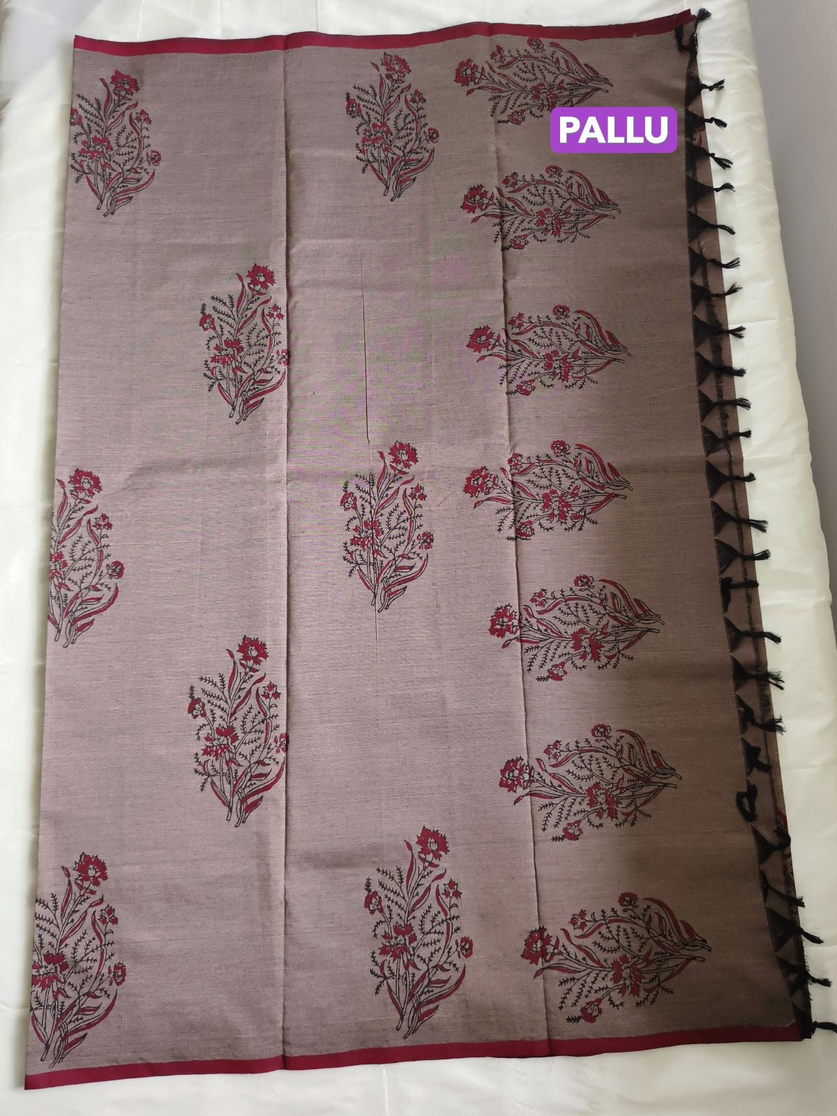 South Cotton Mix Block Printed Saree Cinerous Colour with Maroon colour contrast blouse