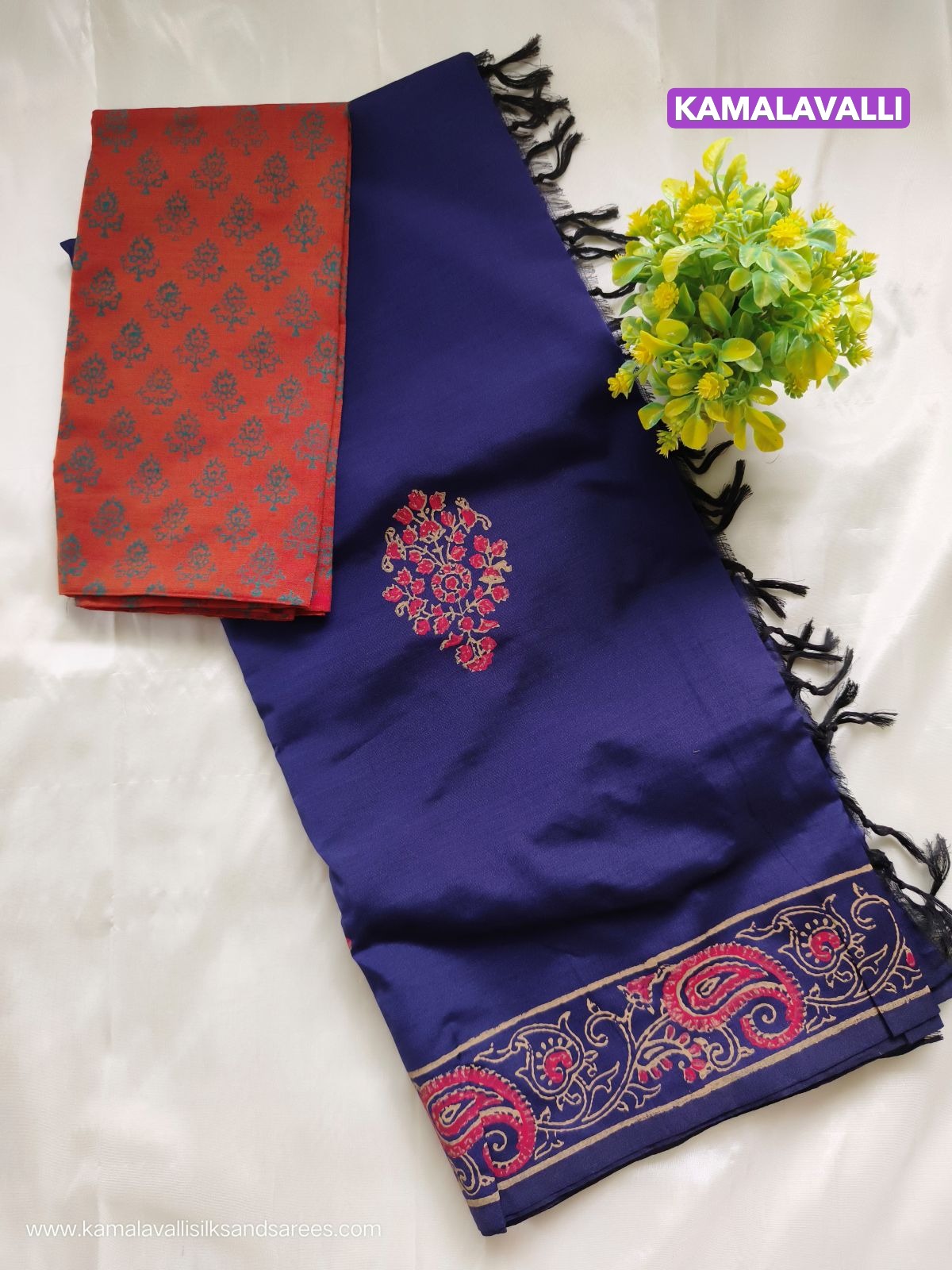 South Cotton Mix Block Printed Saree Blue Colour with Orange colour contrast blouse