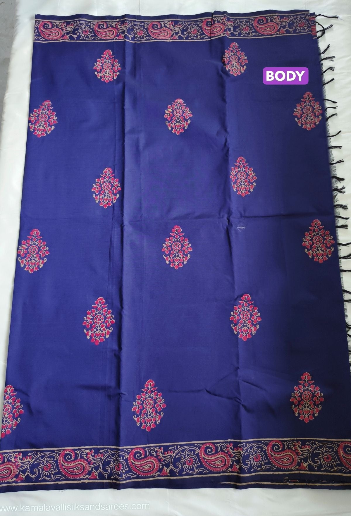 South Cotton Mix Block Printed Saree Blue Colour with Orange colour contrast blouse