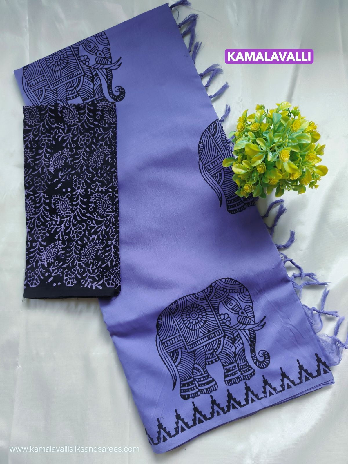 South Cotton Mix Block Printed Saree Blue Colour with Black colour contrast blouse