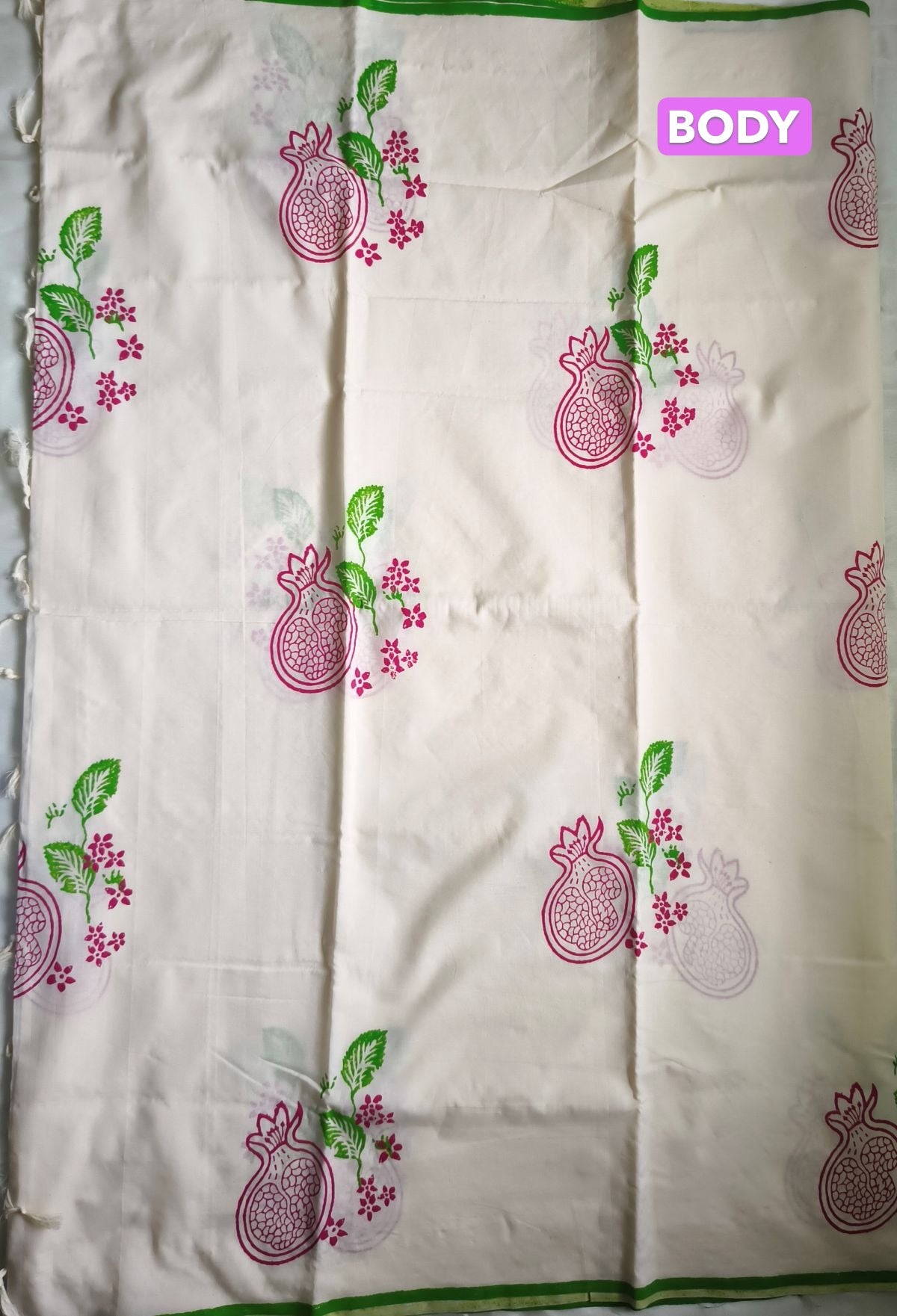 South Cotton Mix Block Printed Saree White colour with Green colour contrast blouse