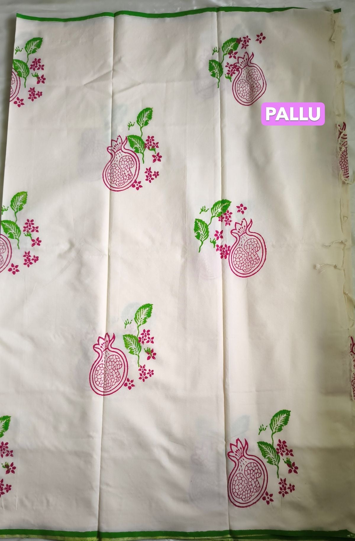 South Cotton Mix Block Printed Saree White colour with Green colour contrast blouse