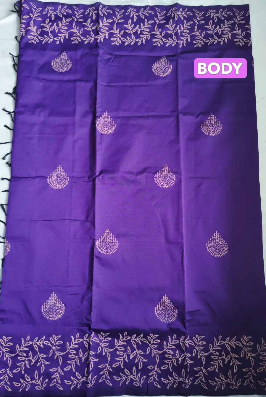South Cotton Mix Block Printed Saree Purple colour with Sandal colour contrast blouse