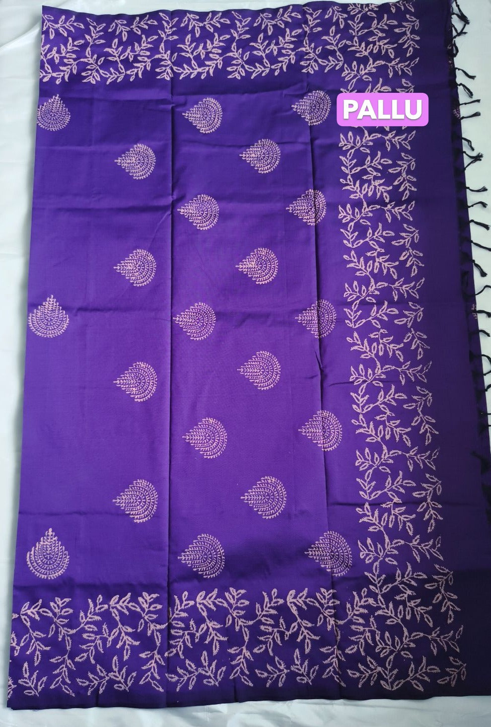 South Cotton Mix Block Printed Saree Purple colour with Sandal colour contrast blouse