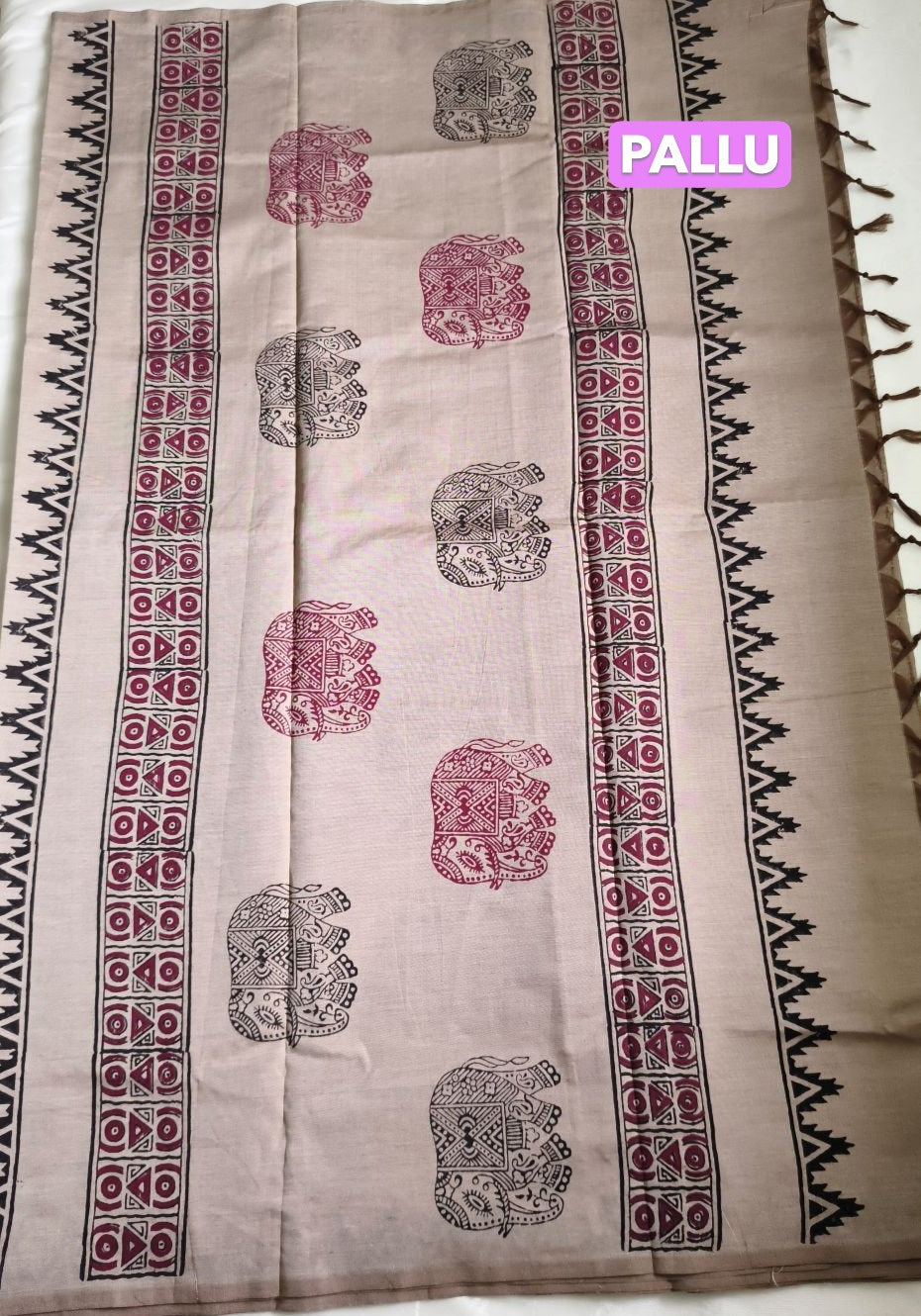 South Cotton Mix Block Printed Saree Cinereous colour with Maroon colour contrast blouse