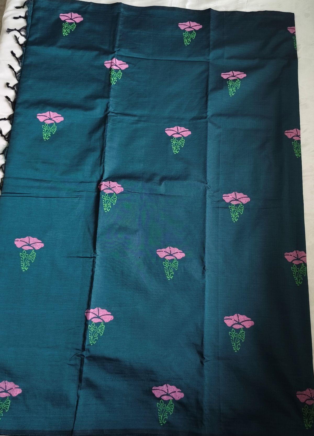 South Cotton Mix Block Printed Saree Peacock Green colour with Pink colour blouse