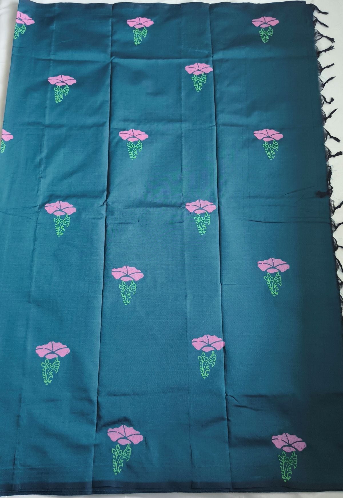 South Cotton Mix Block Printed Saree Peacock Green colour with Pink colour blouse