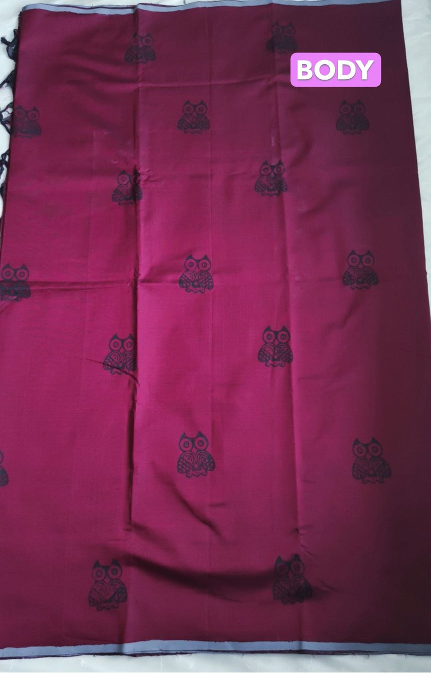 South Cotton Mix Block Printed Saree Maroon colour with Gray colour contrast blouse