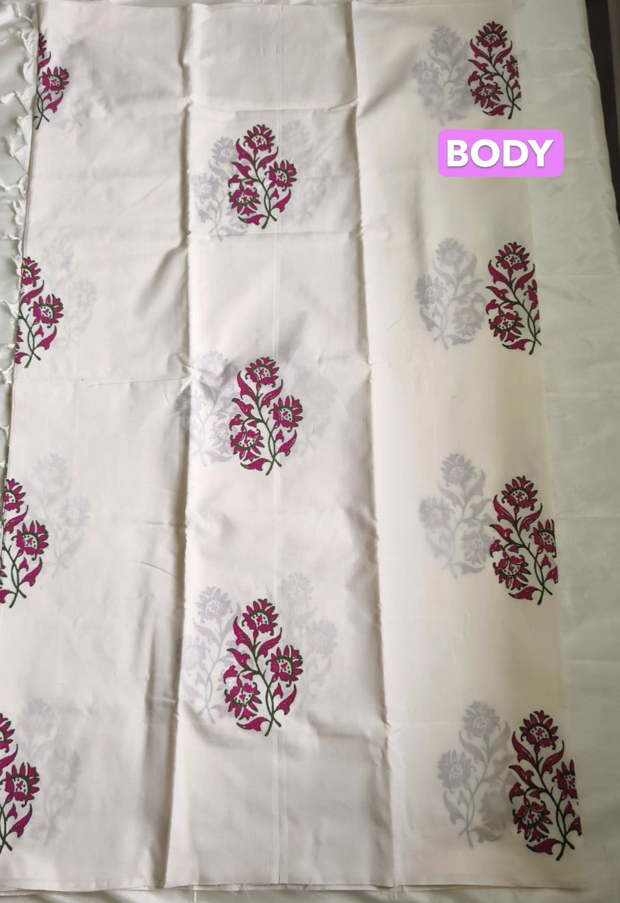 South Cotton Mix Block Printed Saree White colour with Rose colour contrast blouse