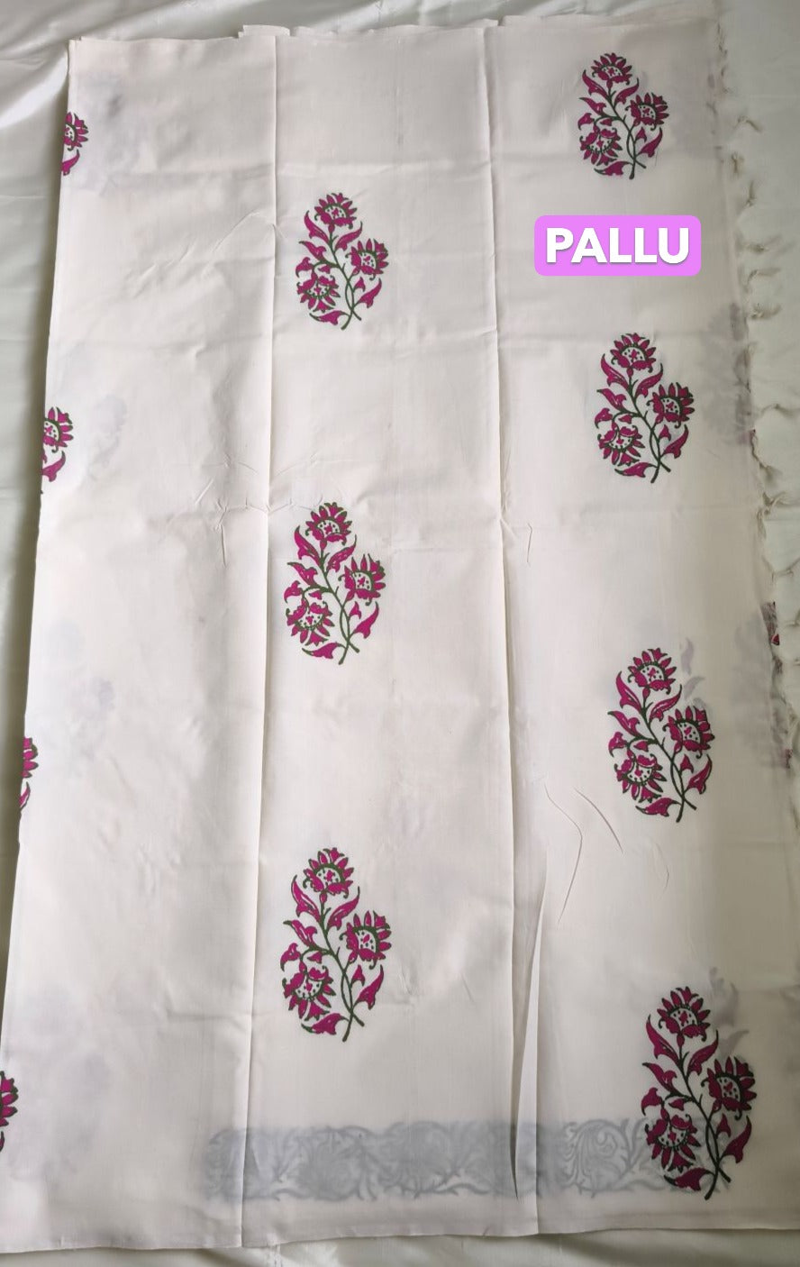 South Cotton Mix Block Printed Saree White colour with Rose colour contrast blouse